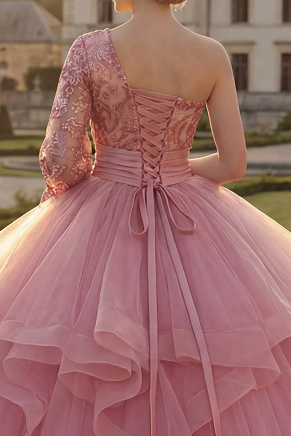 One Shoulder Pink Ball Gown Ruffled Sequins Quinceanera Dress with Long Sleeve - Image 4