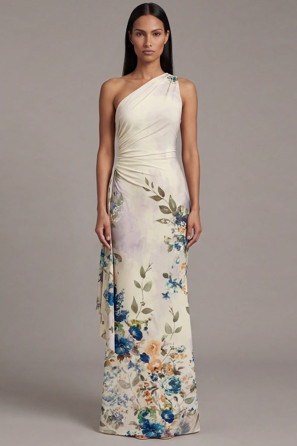 One Shoulder Printed Sheath Ivory Maxi Floral Dress