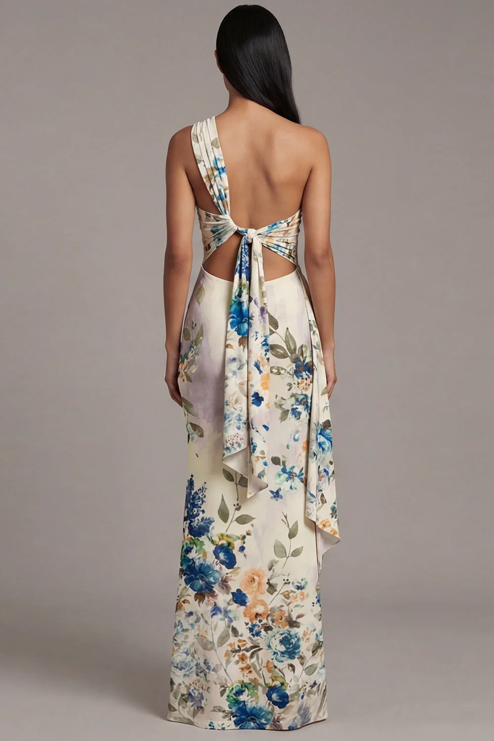 One Shoulder Printed Sheath Ivory Maxi Floral Dress - Image 2