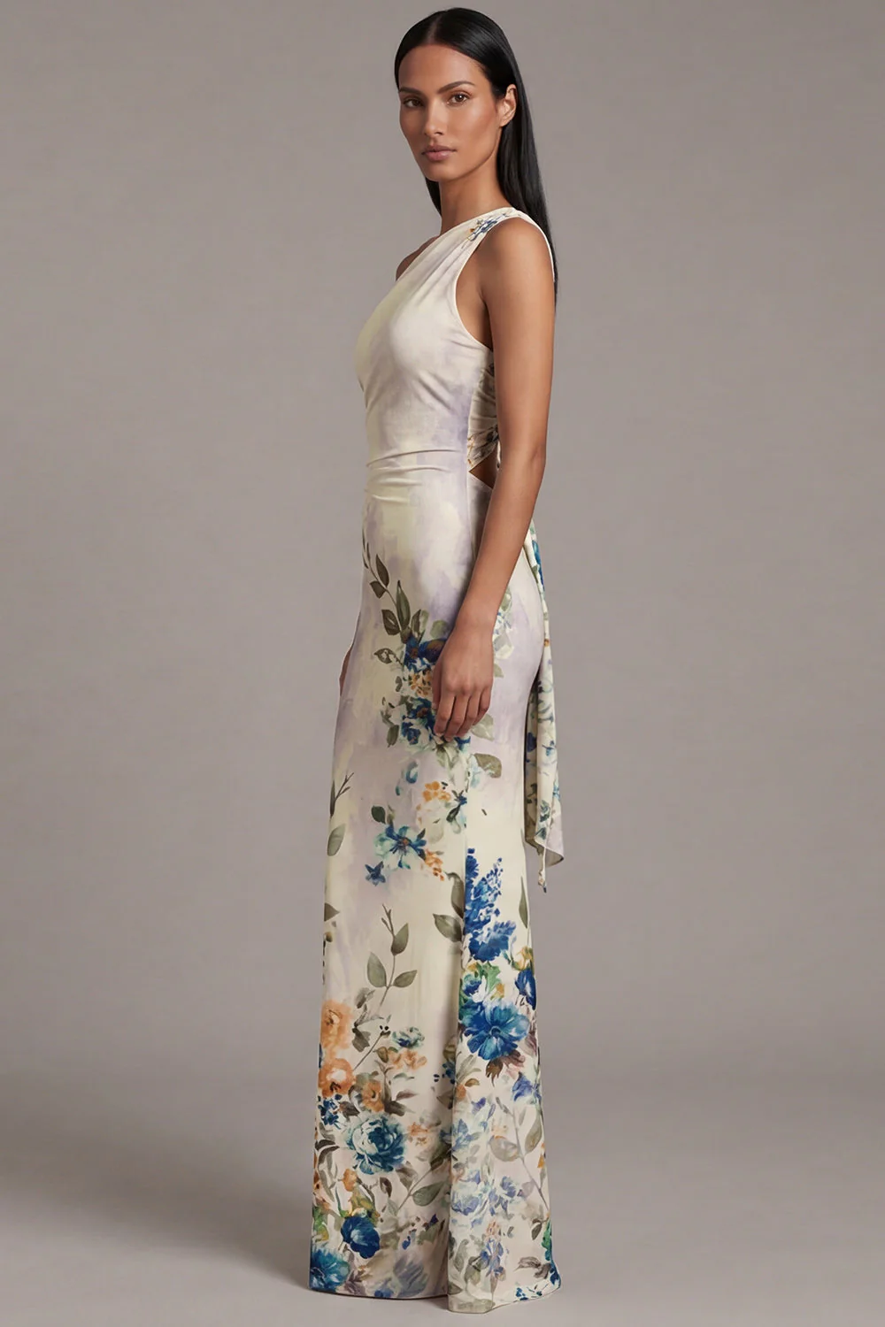 One Shoulder Printed Sheath Ivory Maxi Floral Dress - Image 3