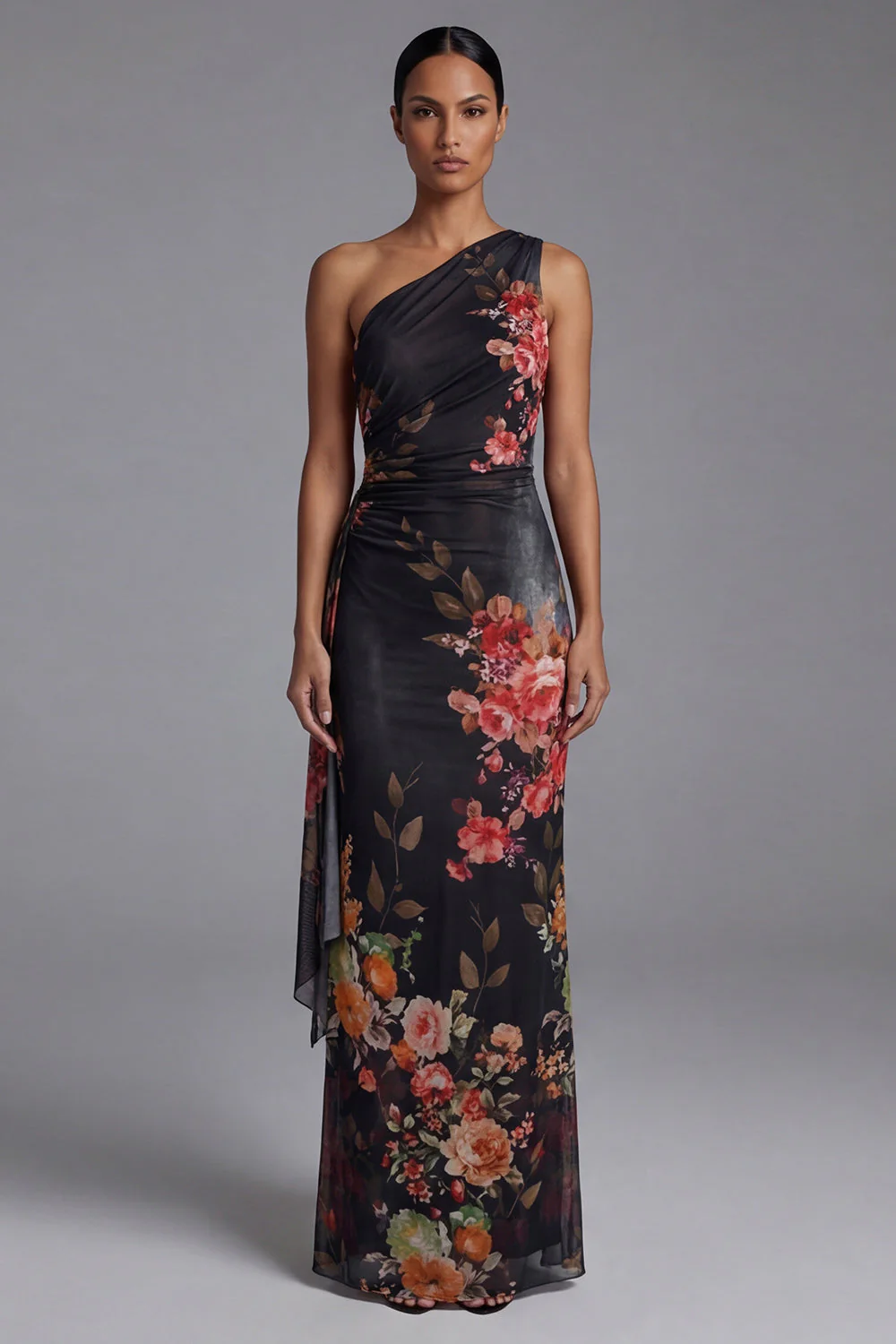 One Shoulder Printed Sheath Ivory Maxi Floral Dress - Image 6