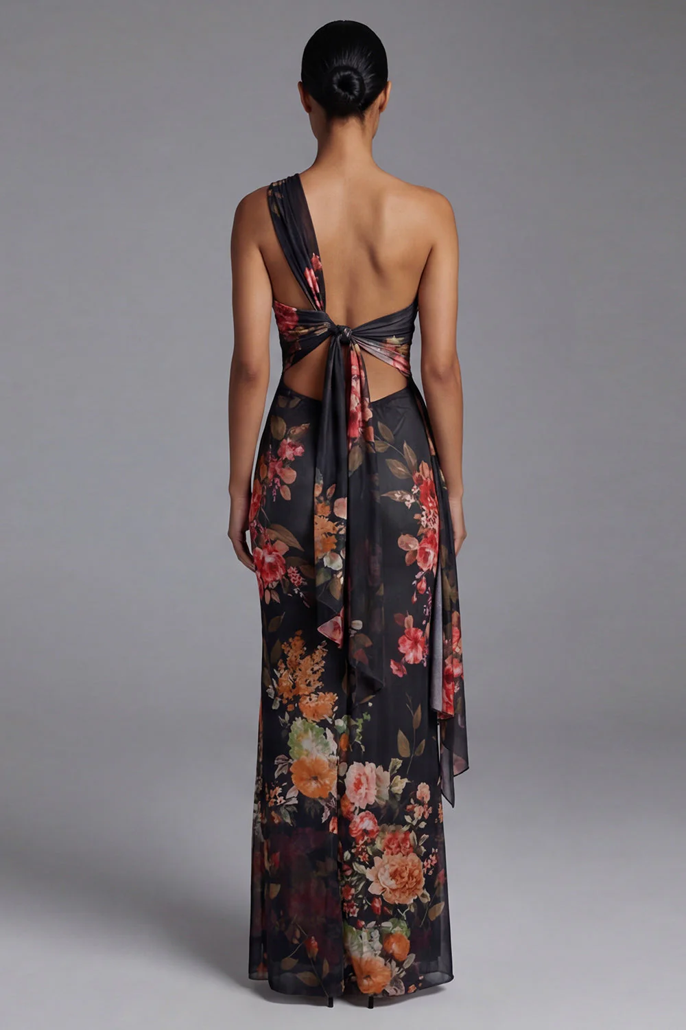 One Shoulder Printed Sheath Ivory Maxi Floral Dress - Image 7