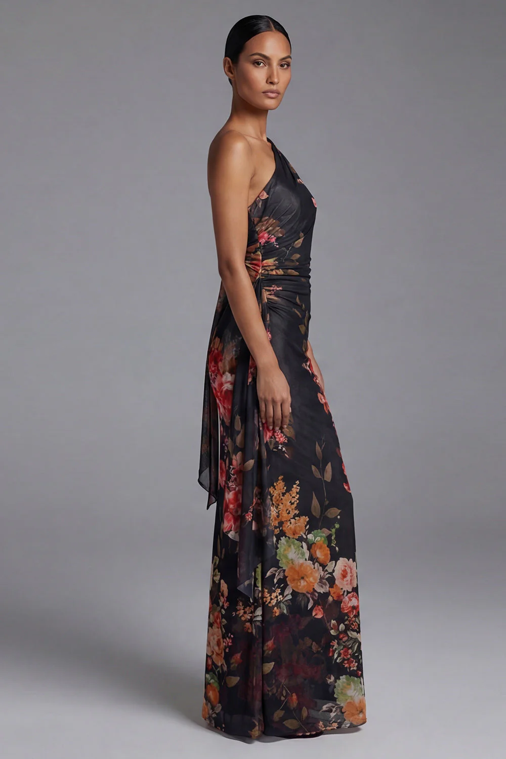 One Shoulder Printed Sheath Ivory Maxi Floral Dress - Image 8