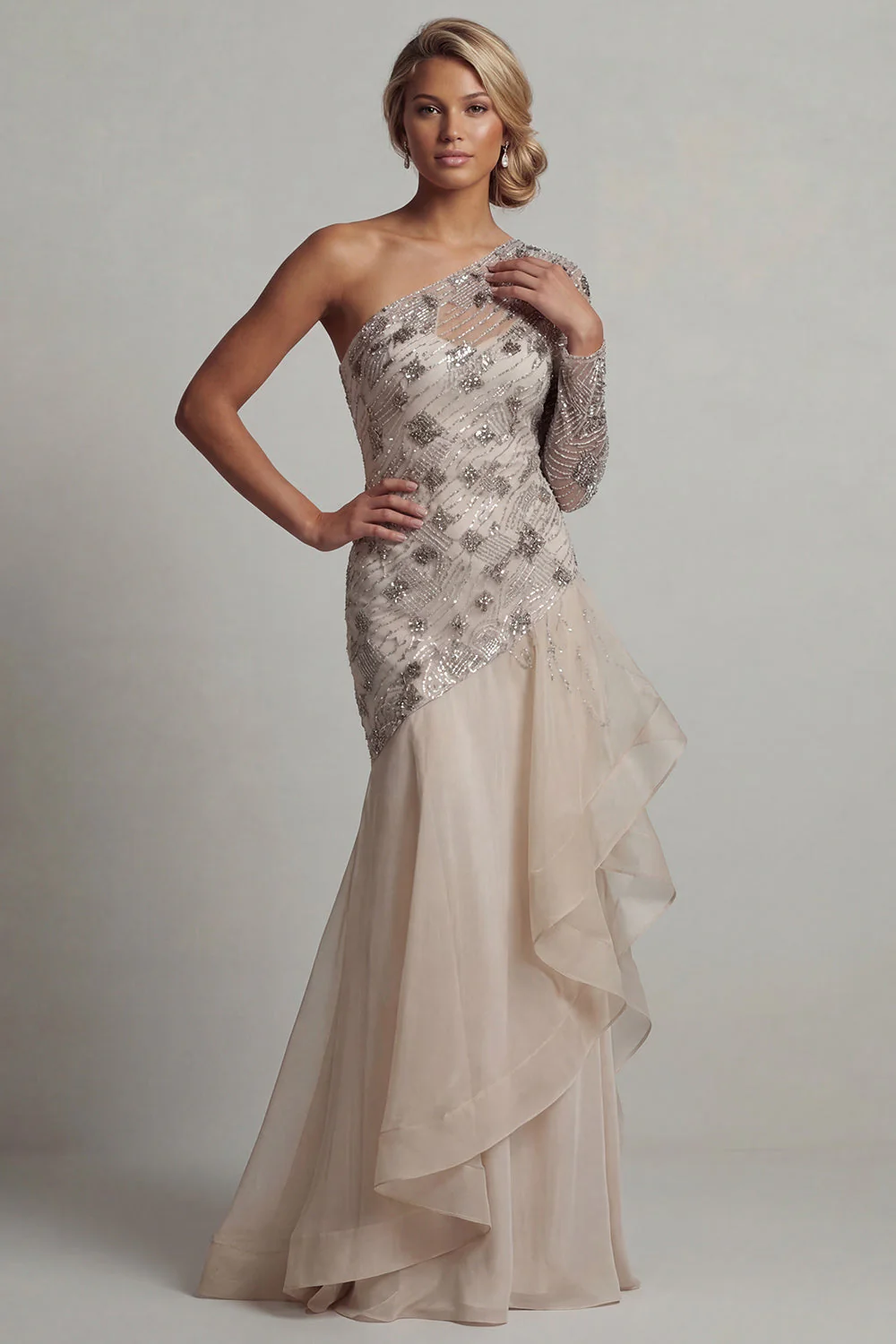 One Shoulder Ruffled Mermaid White Sequin Mother Of the Bride Dress - Image 3