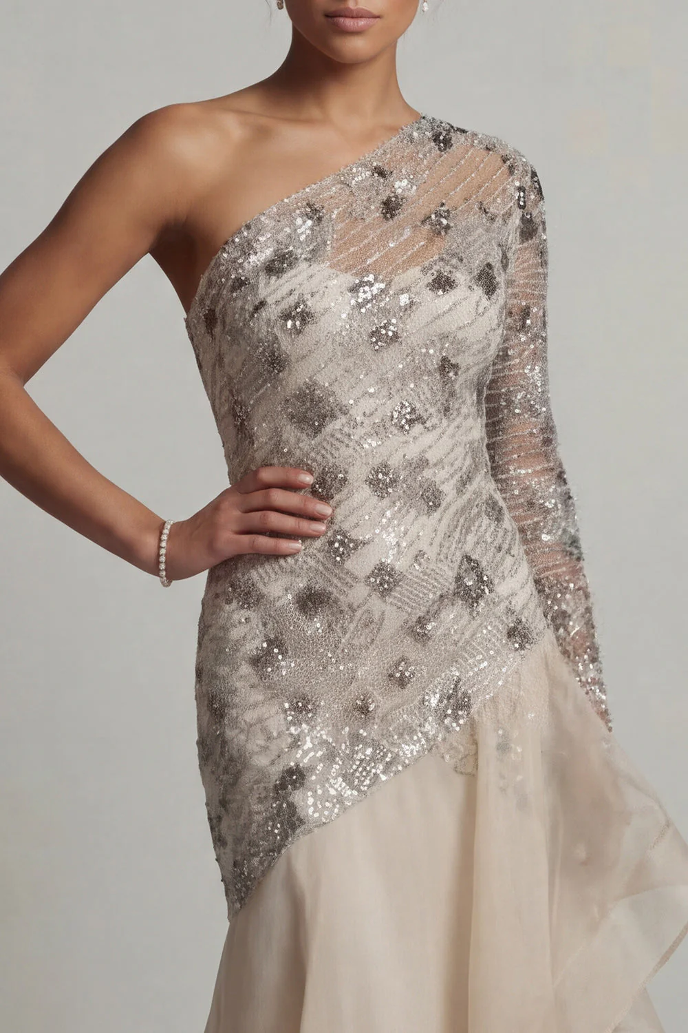 One Shoulder Ruffled Mermaid White Sequin Mother Of the Bride Dress - Image 4