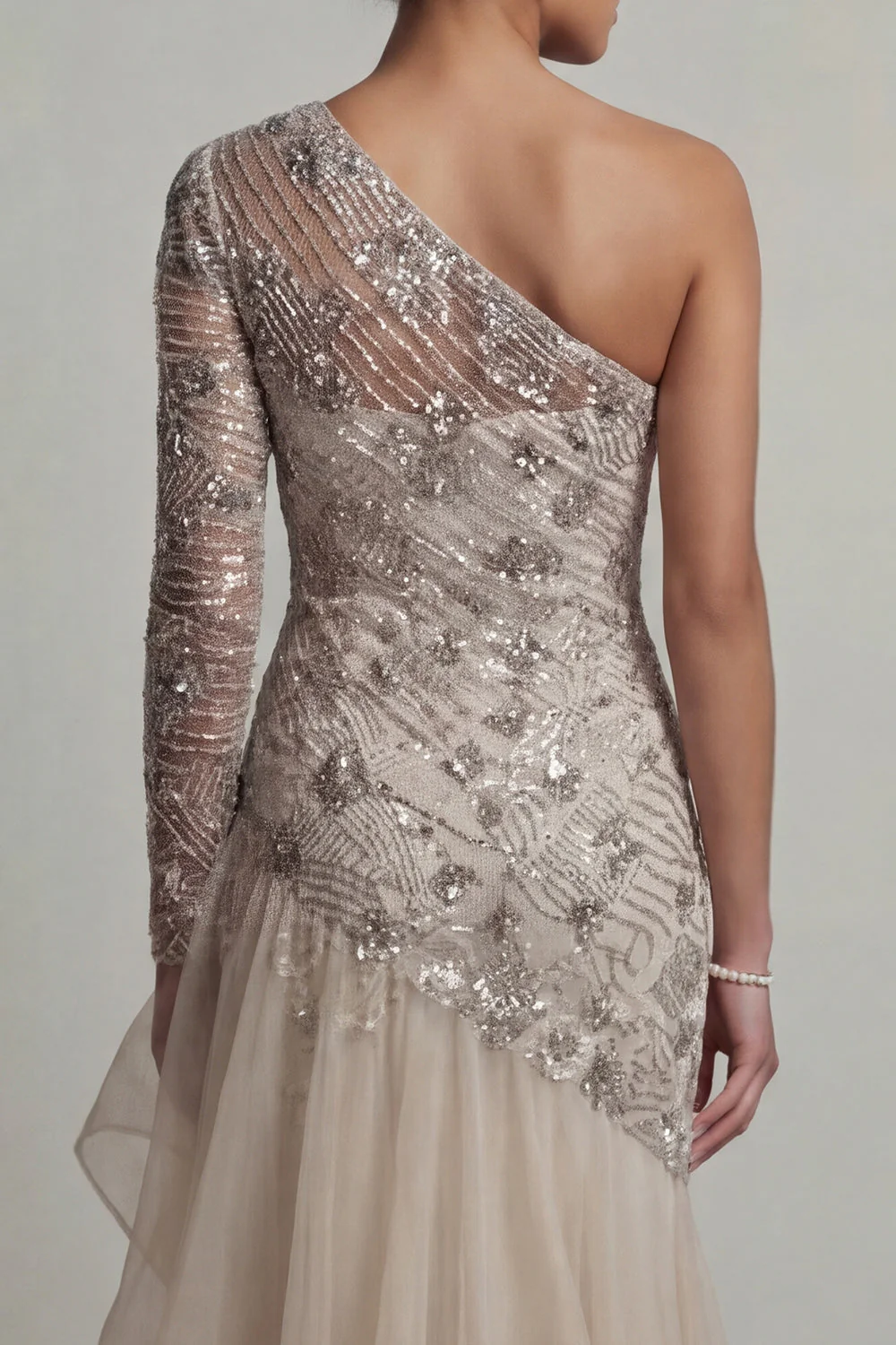 One Shoulder Ruffled Mermaid White Sequin Mother Of the Bride Dress - Image 5