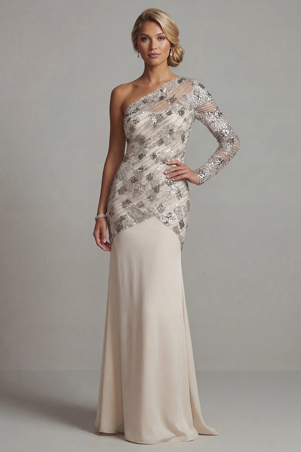 One Shoulder Sequin Mermaid Apricot Mother Of the Bride Dress - Image 3