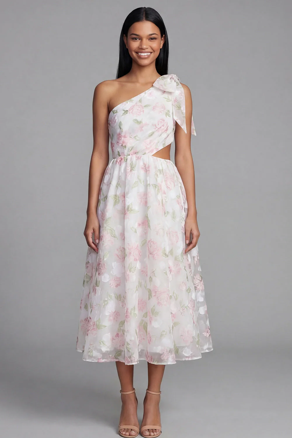 One Shoulder White Pink Flower Chiffon Cut Out A-Line Floral Dress with Bow