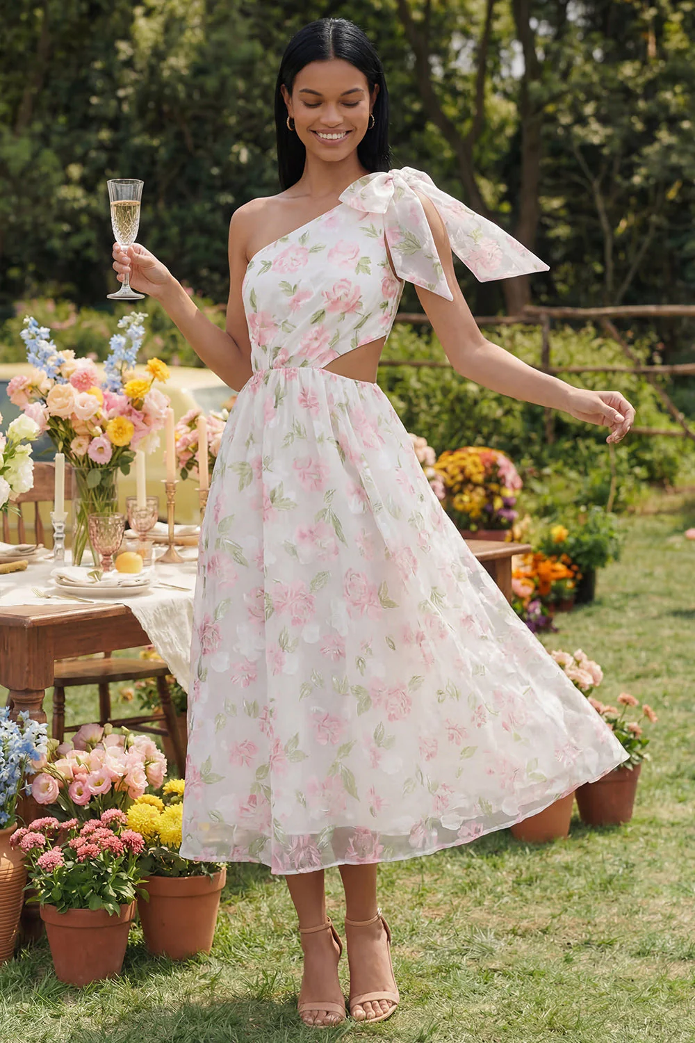 One Shoulder White Pink Flower Chiffon Cut Out A-Line Floral Dress with Bow - Image 2