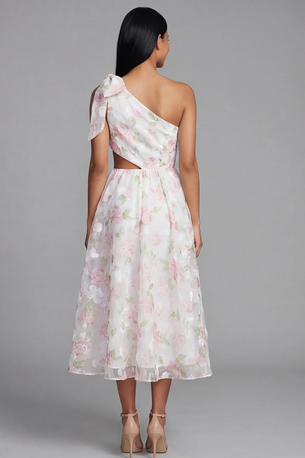 One Shoulder White Pink Flower Chiffon Cut Out A-Line Floral Dress with Bow - Image 3