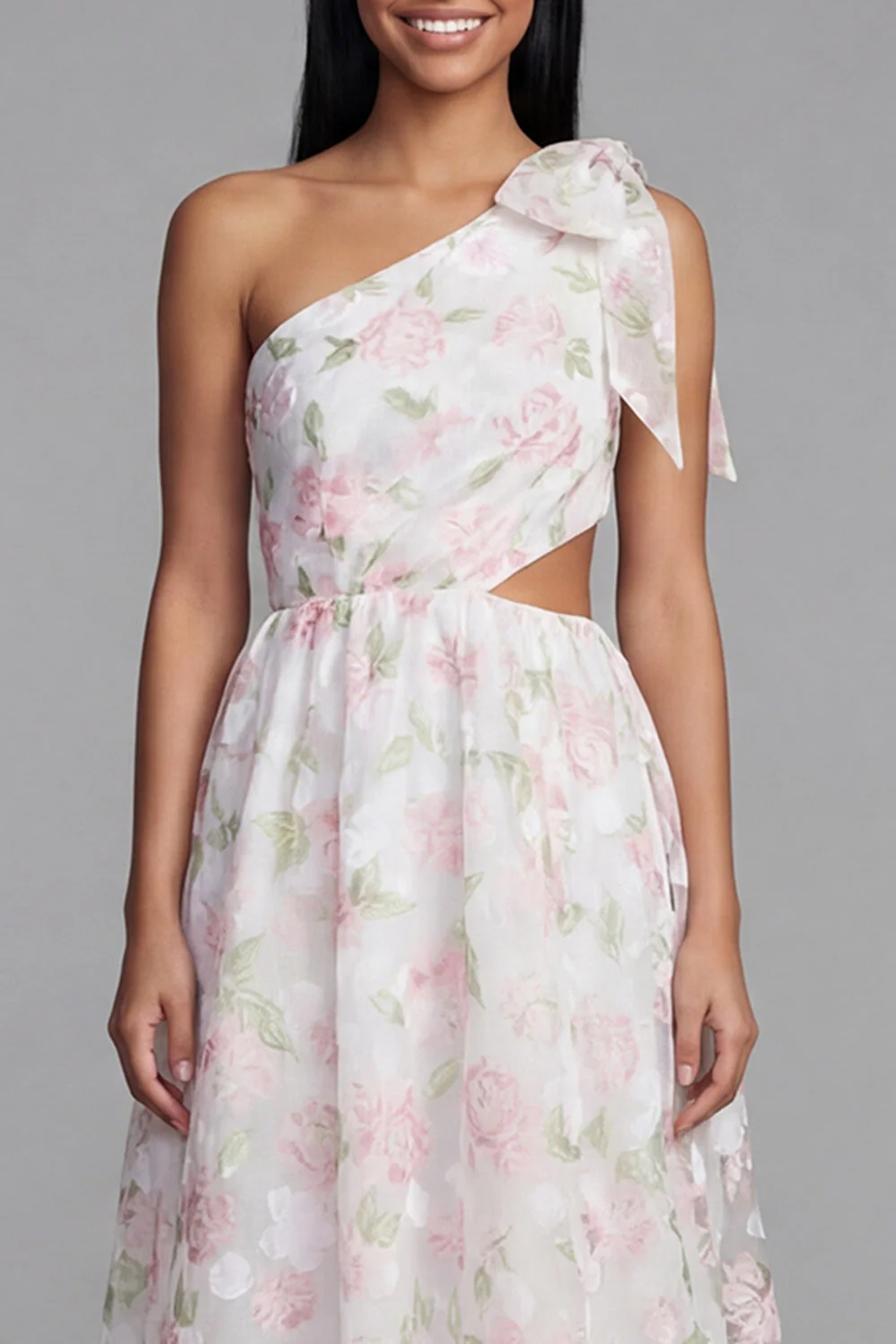 One Shoulder White Pink Flower Chiffon Cut Out A-Line Floral Dress with Bow - Image 4