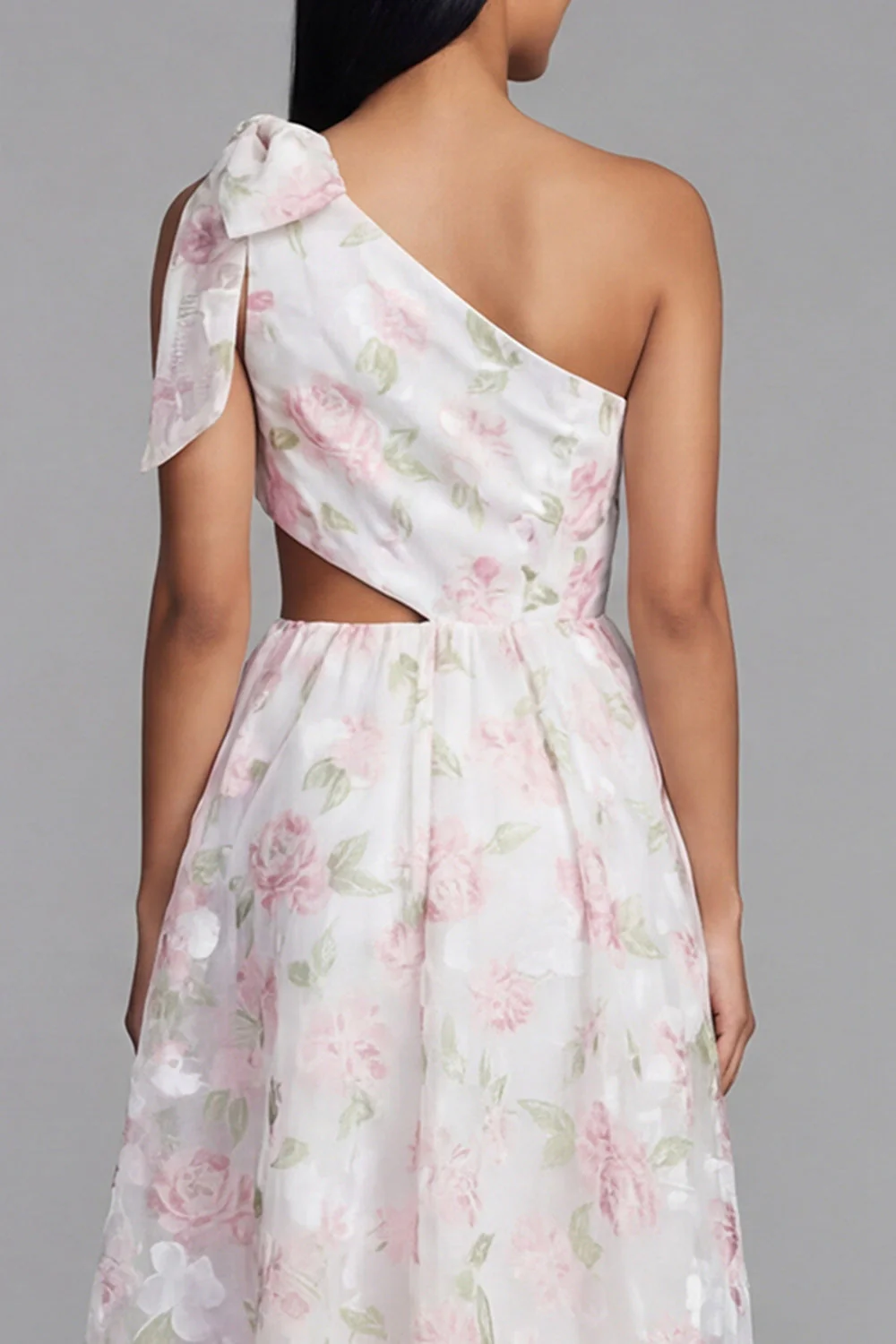 One Shoulder White Pink Flower Chiffon Cut Out A-Line Floral Dress with Bow - Image 5
