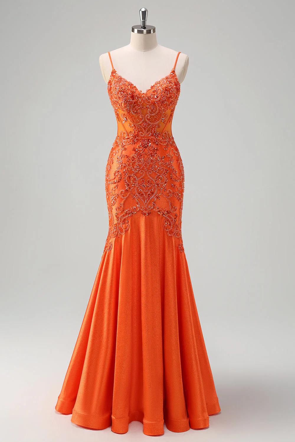 Orange Mermaid Corset Spaghetti Straps Beaded Long Prom Dress - Image 3