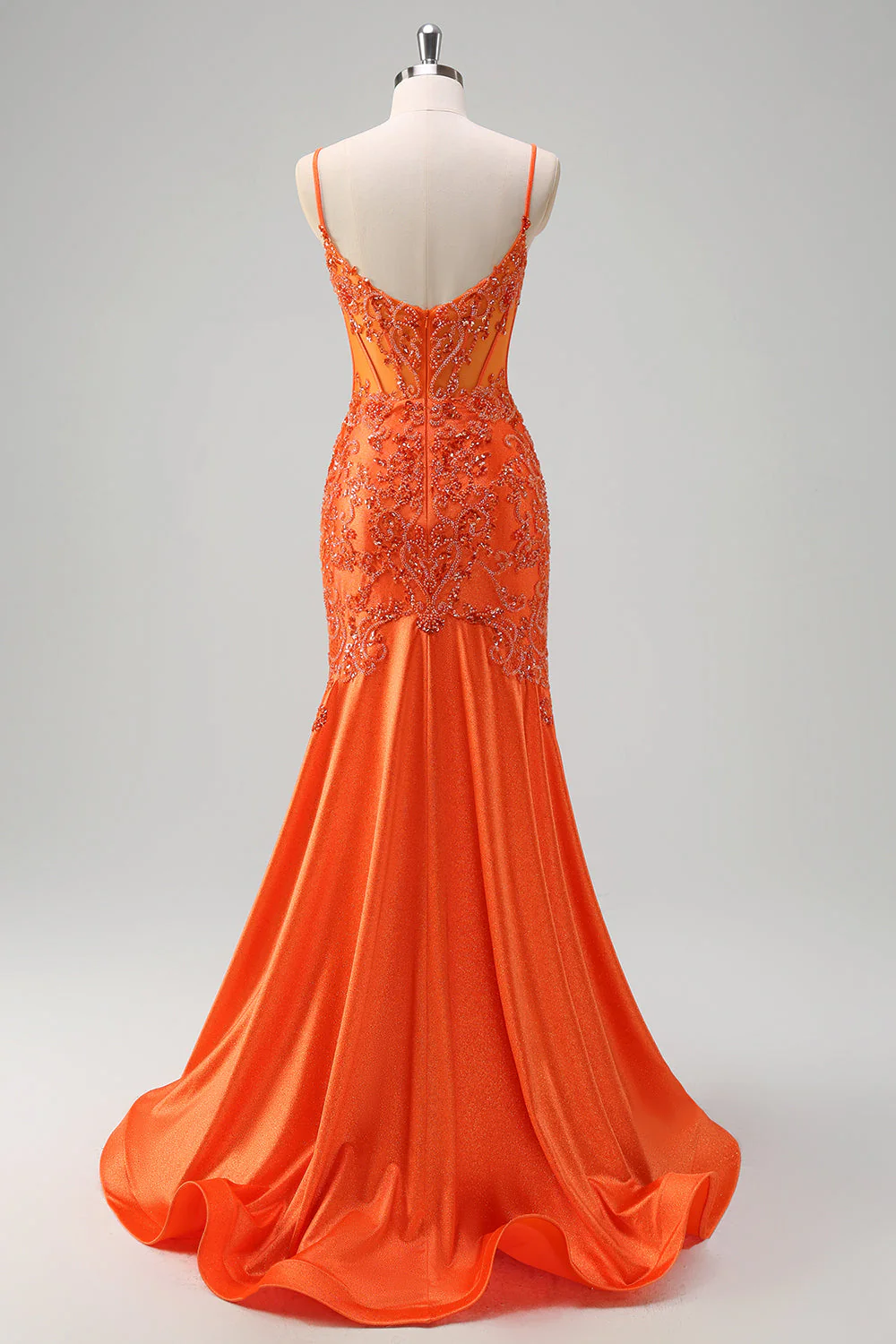 Orange Mermaid Corset Spaghetti Straps Beaded Long Prom Dress - Image 4