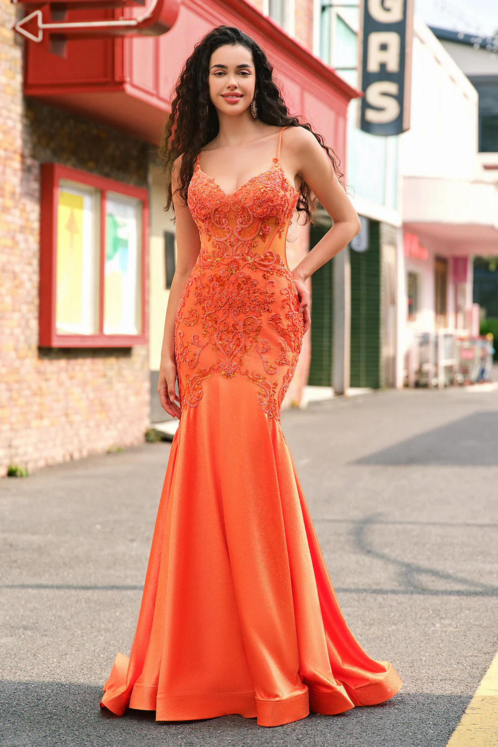 Orange Mermaid Corset Spaghetti Straps Beaded Long Prom Dress - Image 5