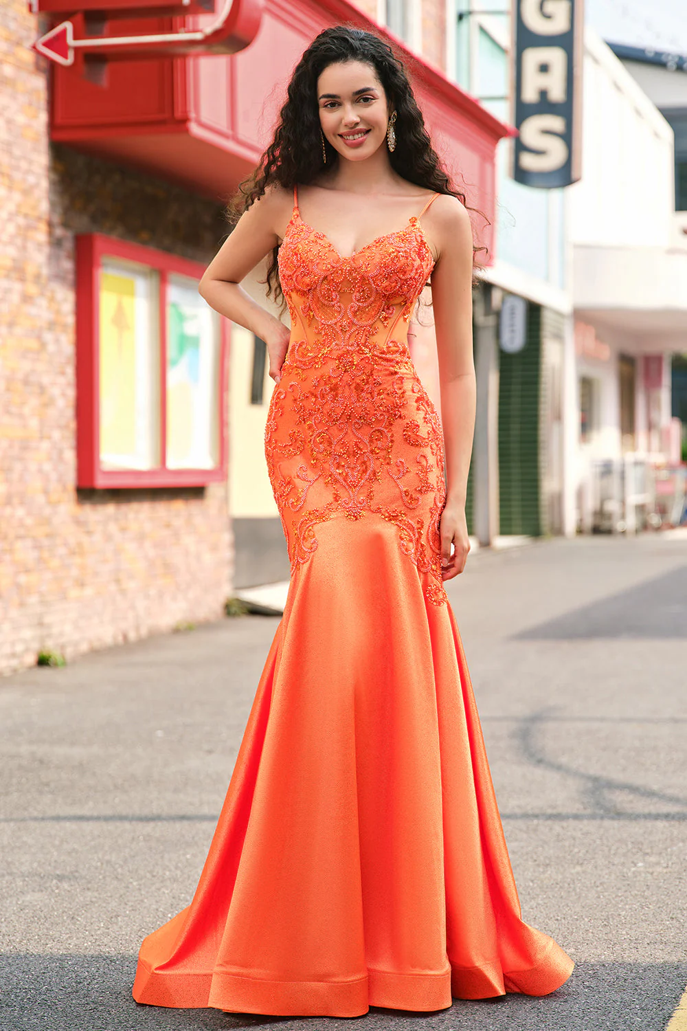Orange Mermaid Corset Spaghetti Straps Beaded Long Prom Dress - Image 6