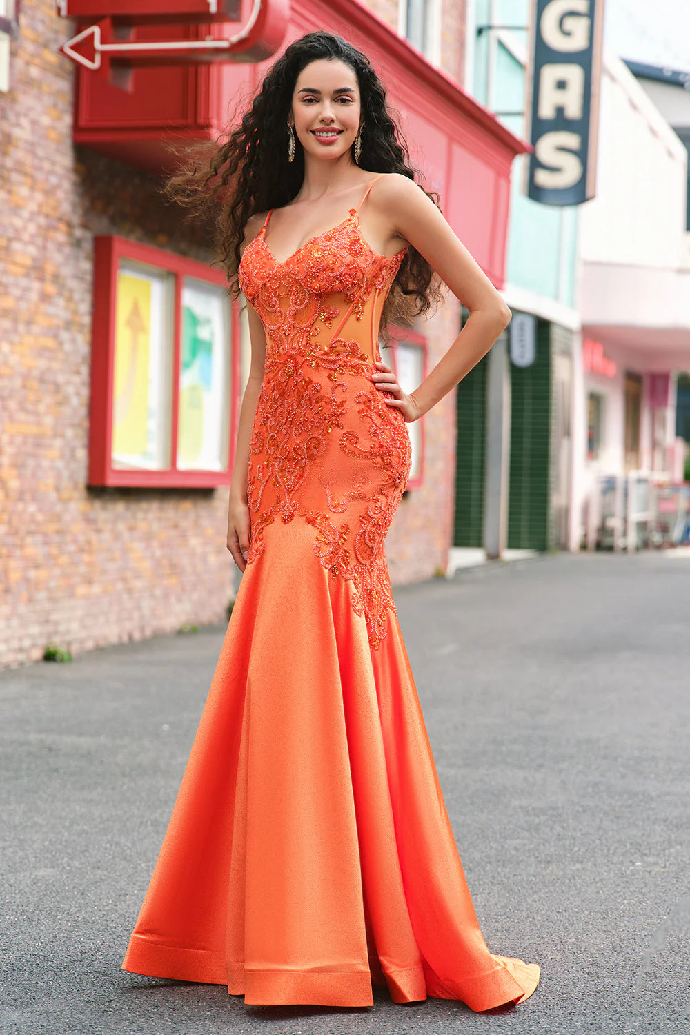Orange Mermaid Corset Spaghetti Straps Beaded Long Prom Dress - Image 7