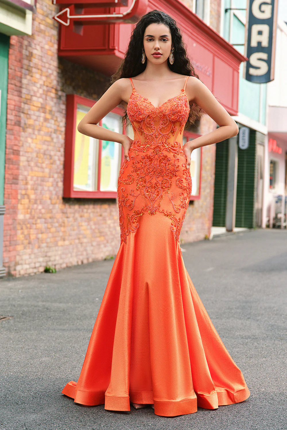 Orange Mermaid Corset Spaghetti Straps Beaded Long Prom Dress - Image 8