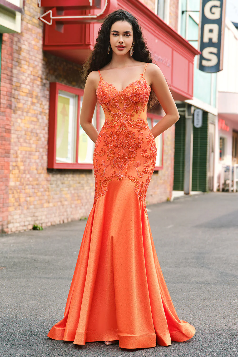 Orange Mermaid Corset Spaghetti Straps Beaded Long Prom Dress - Image 9