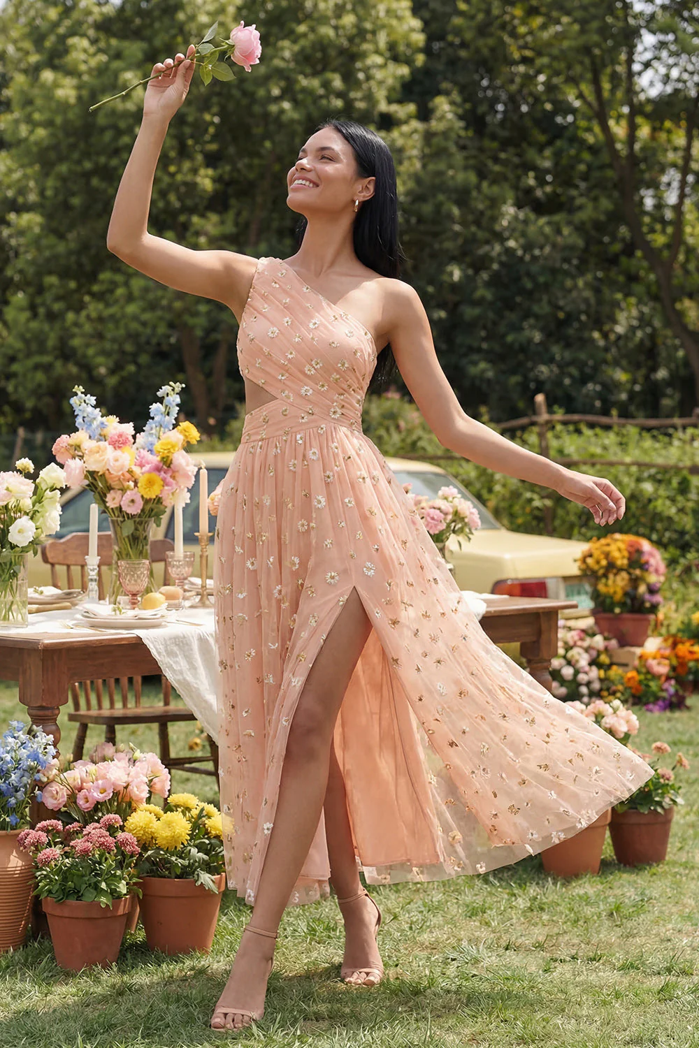 Orange One Shoulder Tulle Embroidered Floral Dress with Slit - Image 2