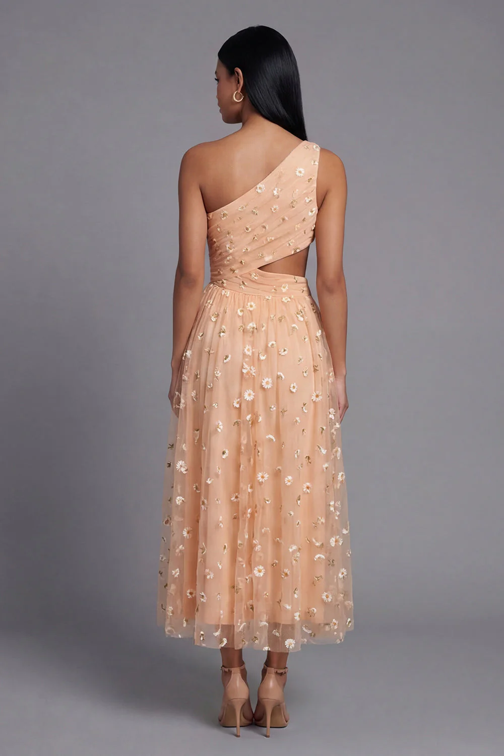 Orange One Shoulder Tulle Embroidered Floral Dress with Slit - Image 3