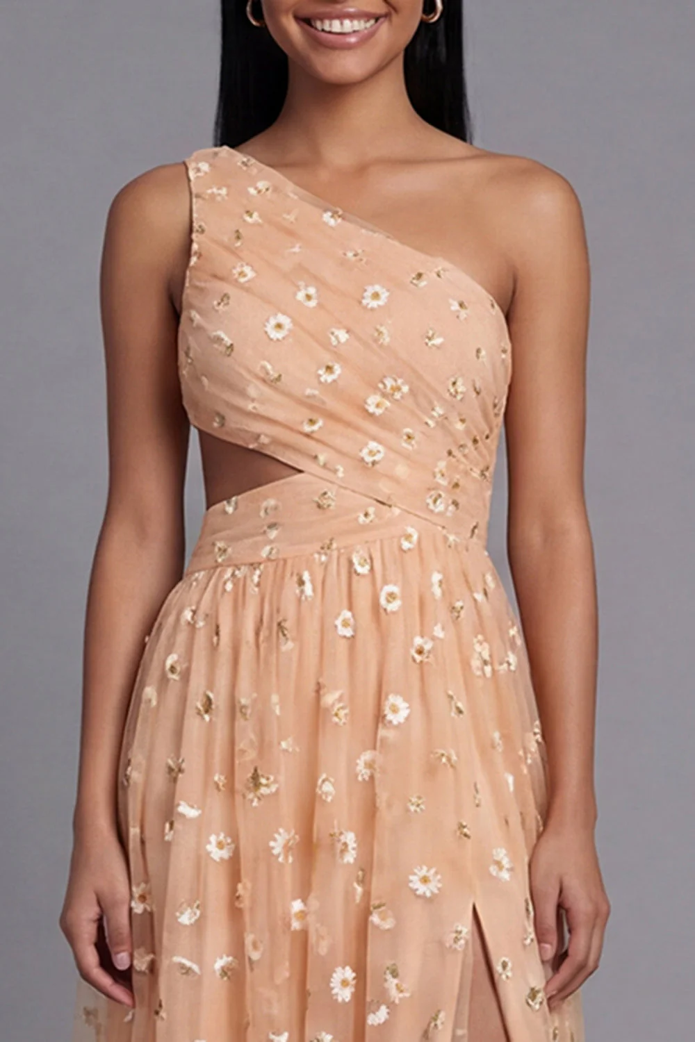 Orange One Shoulder Tulle Embroidered Floral Dress with Slit - Image 4