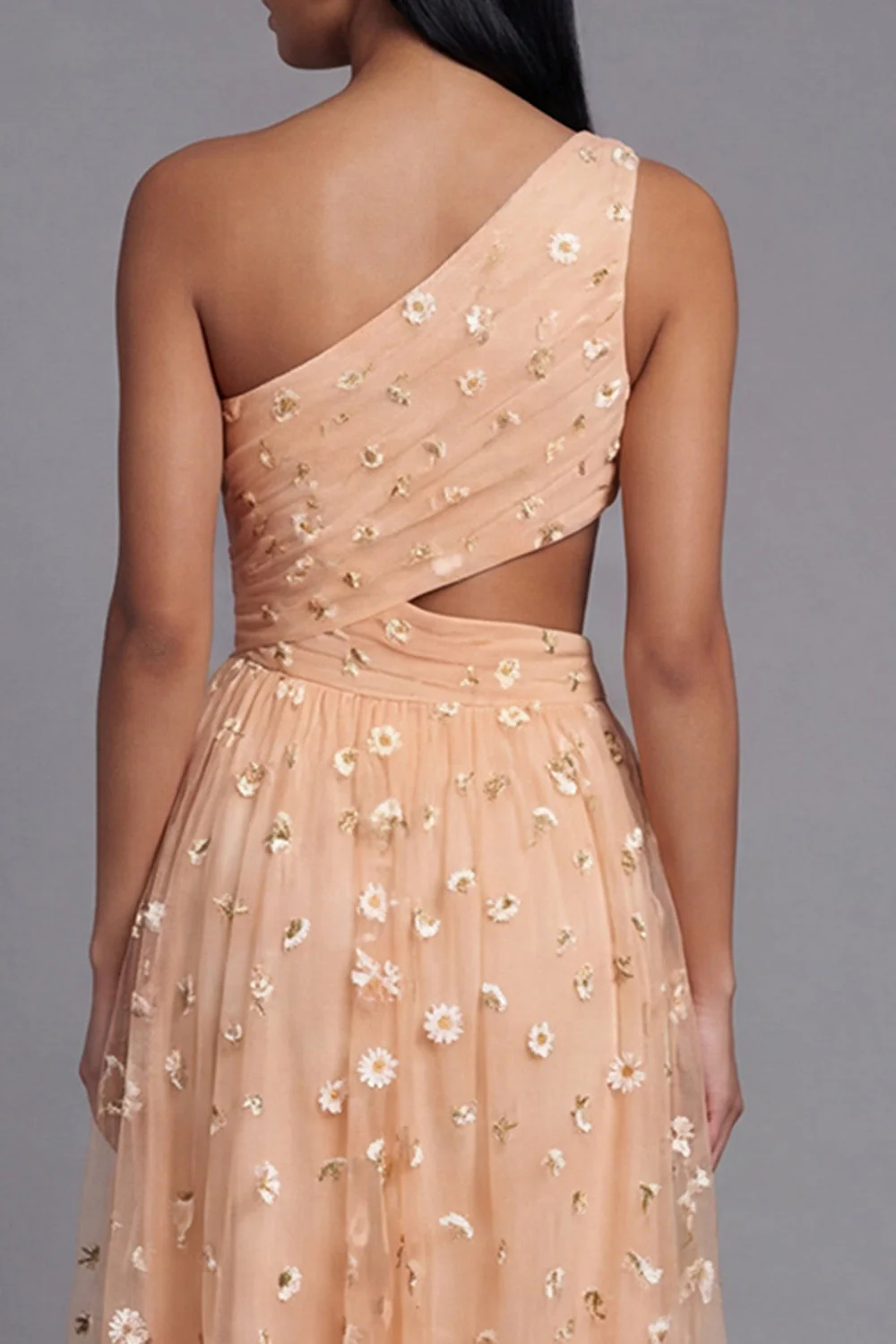 Orange One Shoulder Tulle Embroidered Floral Dress with Slit - Image 5