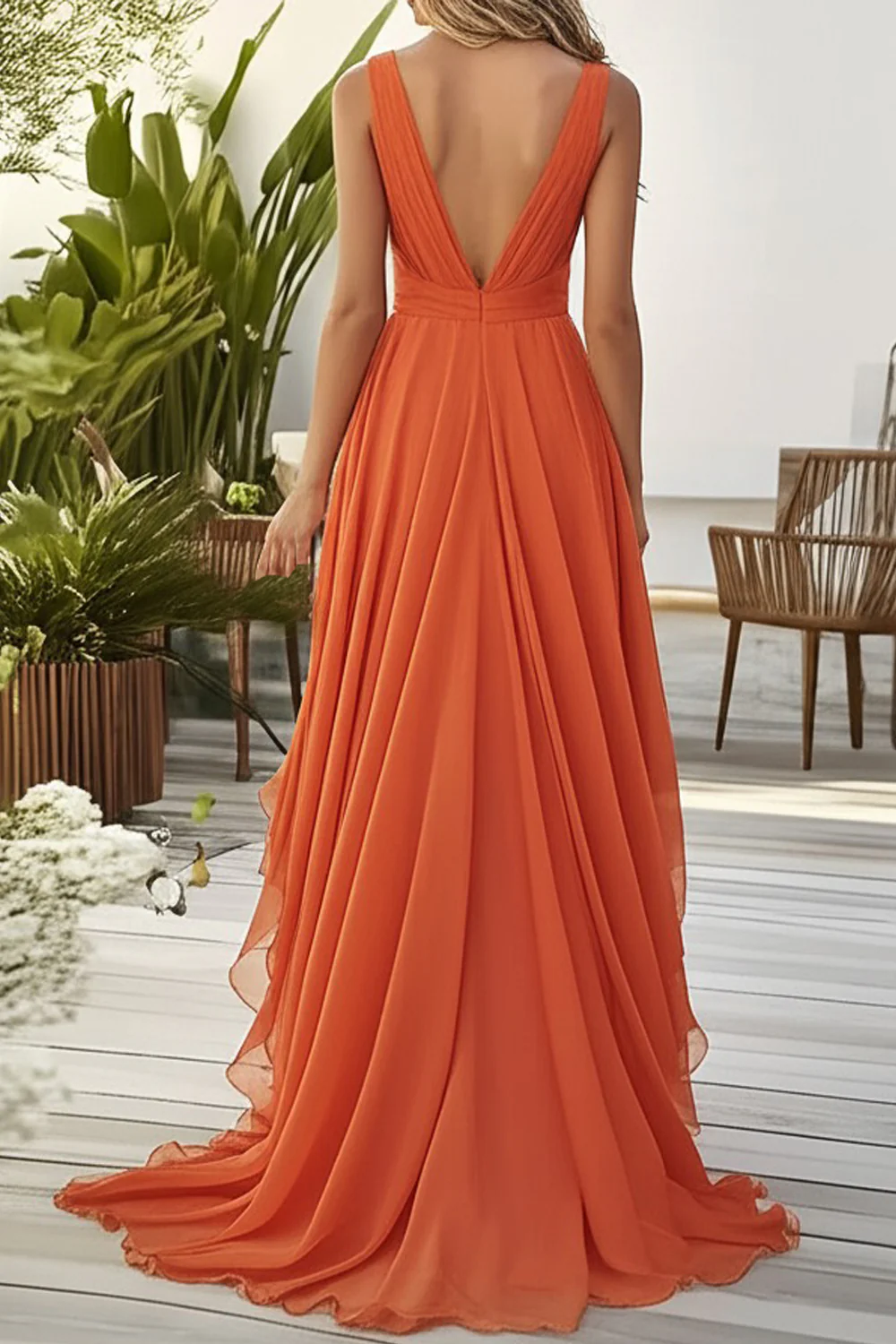 Orange Ruffled A Line Chiffon Wedding Guest Dress - Image 2