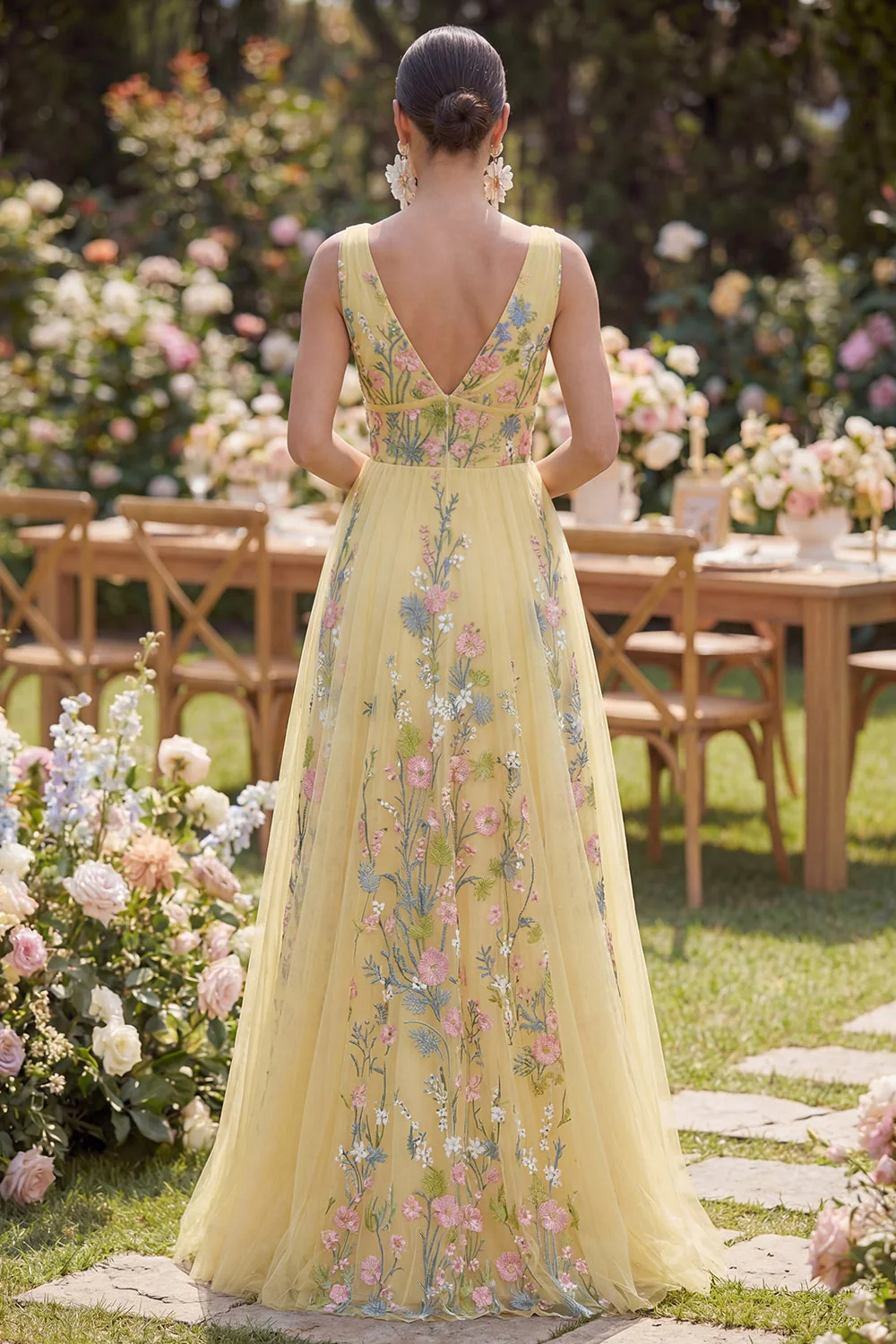 Pastel Yellow A Line V-Neckline Floral Embroidered Maxi Dress - Image 2