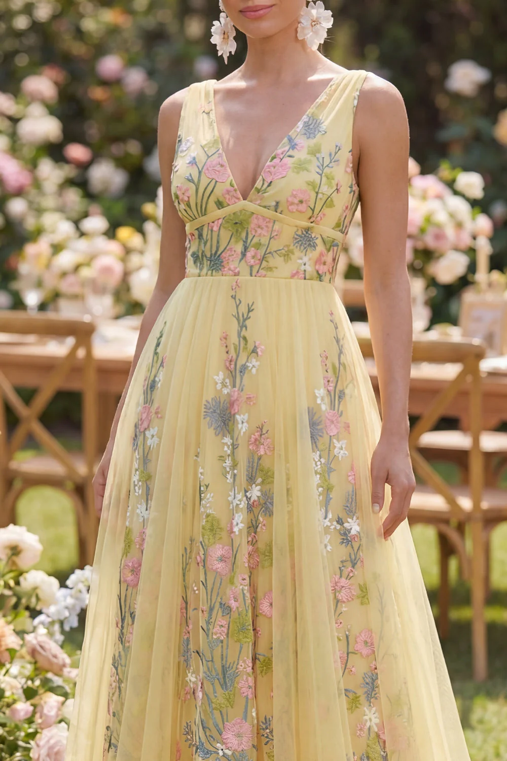 Pastel Yellow A Line V-Neckline Floral Embroidered Maxi Dress - Image 3