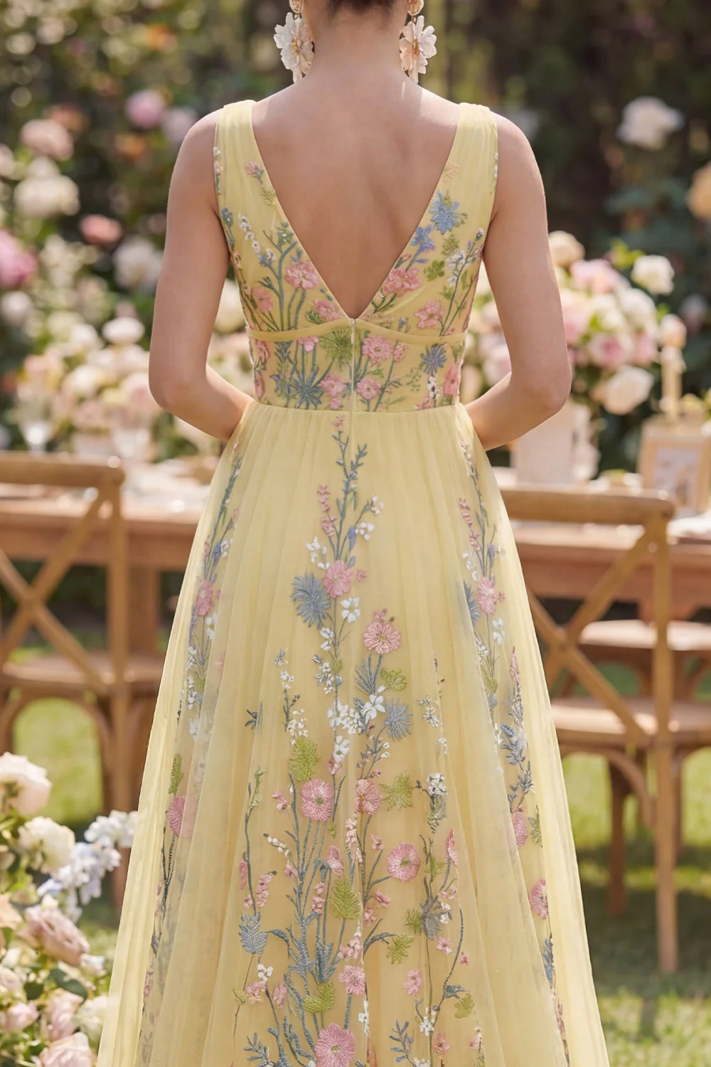 Pastel Yellow A Line V-Neckline Floral Embroidered Maxi Dress - Image 4