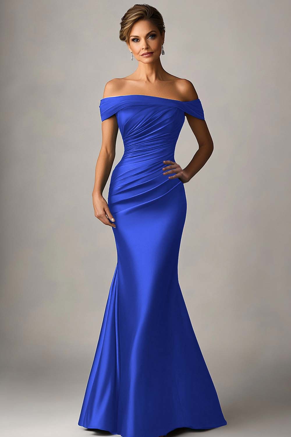 Peacock Blue Mermaid Off The Shoulder Ruched Satin Formal Dress - Image 11