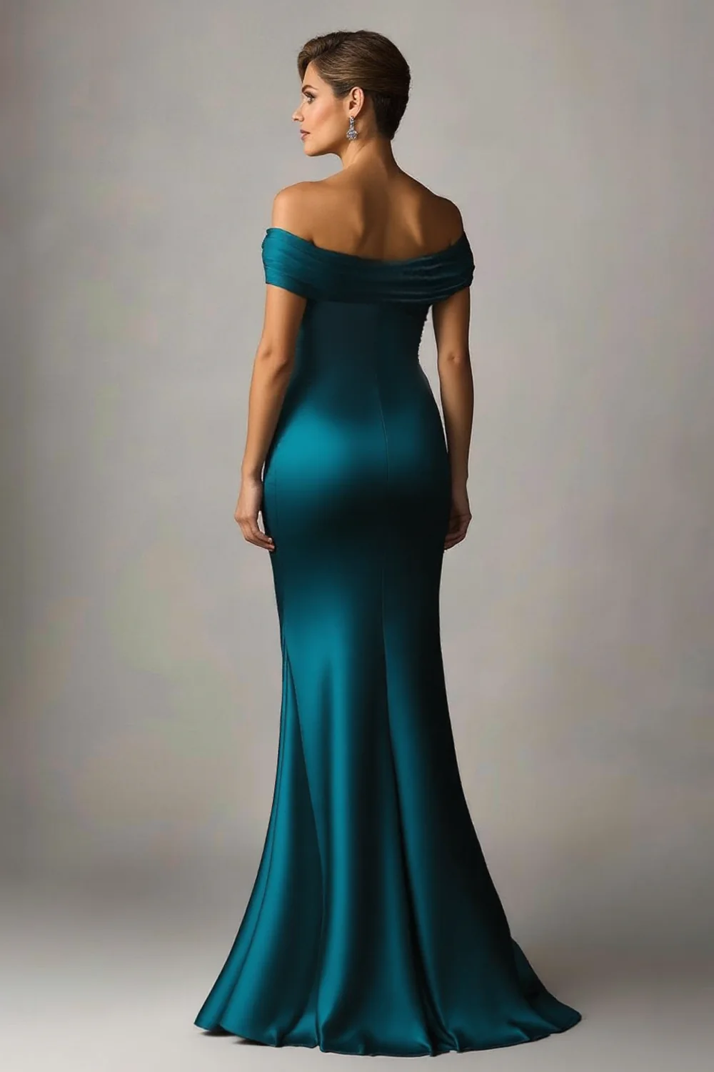 Peacock Blue Mermaid Off The Shoulder Ruched Satin Formal Dress - Image 2