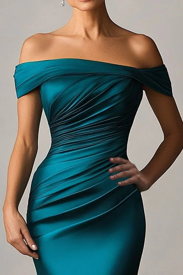 Peacock Blue Mermaid Off The Shoulder Ruched Satin Formal Dress - Image 3