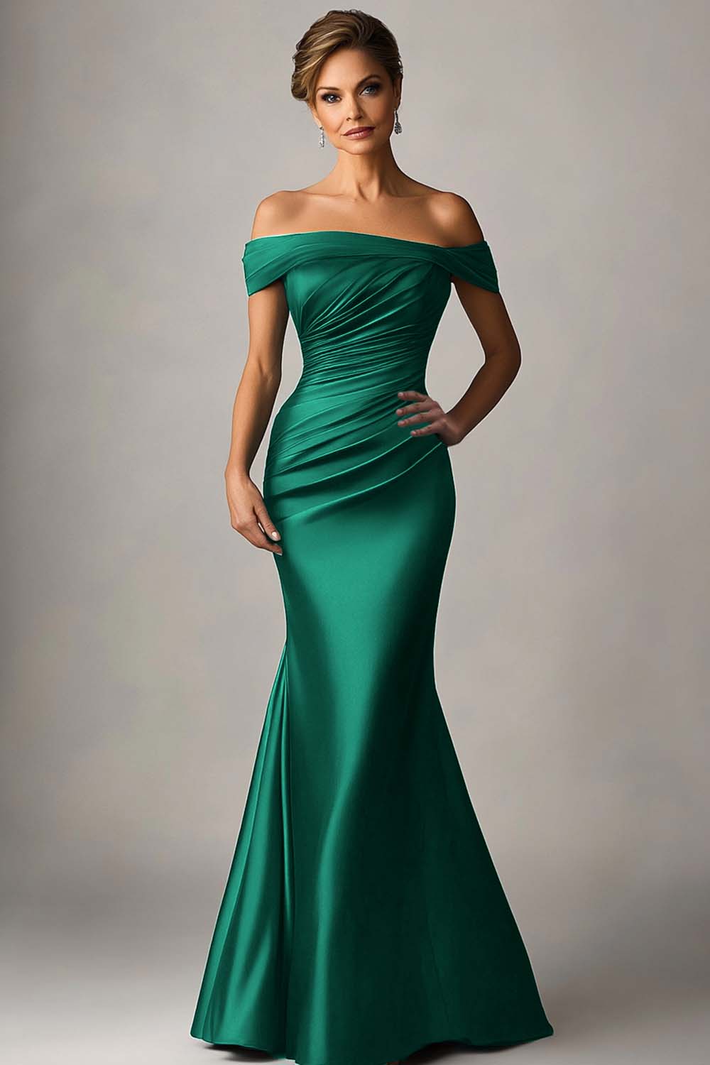 Peacock Blue Mermaid Off The Shoulder Ruched Satin Formal Dress - Image 6