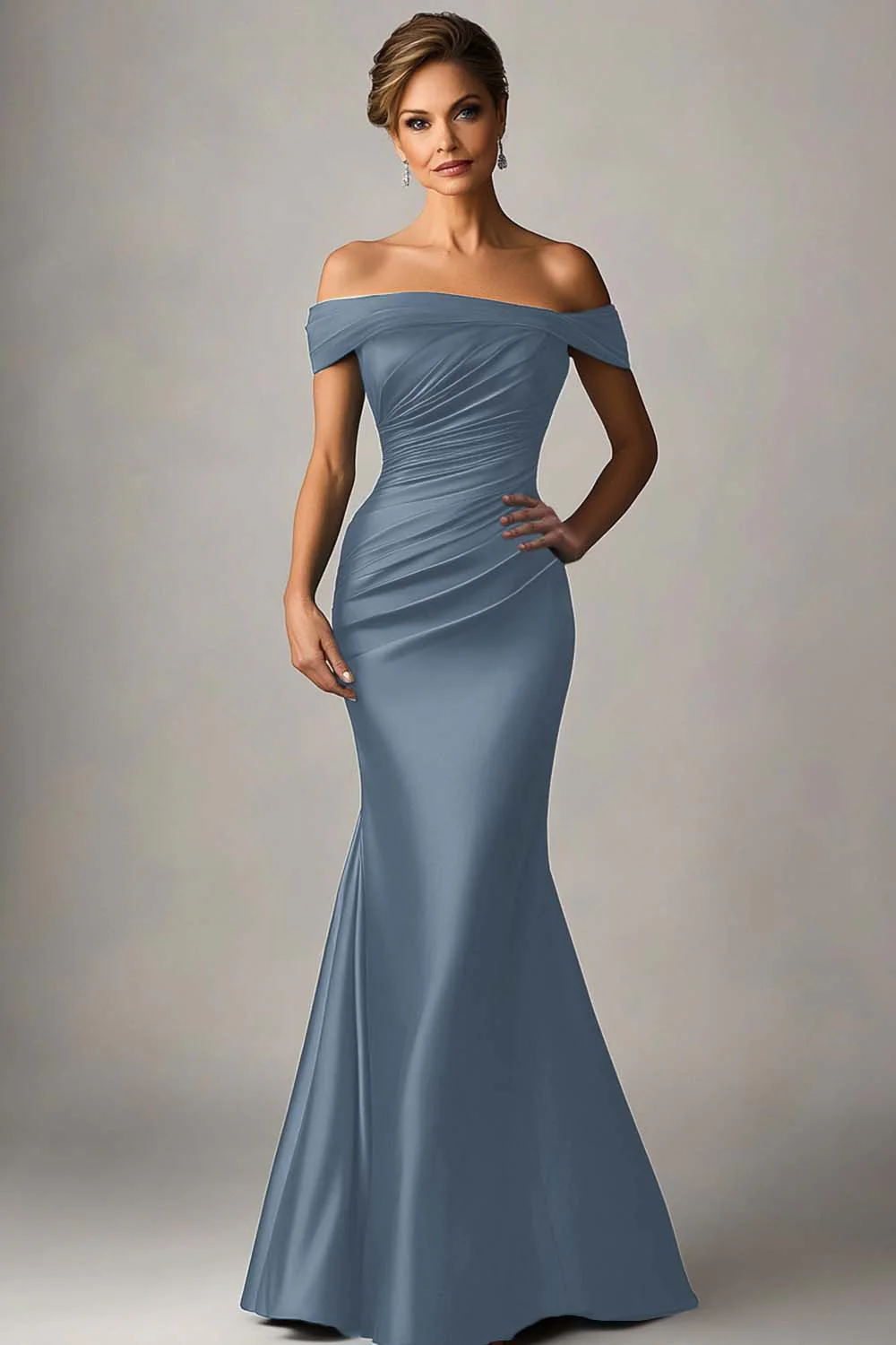 Peacock Blue Mermaid Off The Shoulder Ruched Satin Formal Dress - Image 7