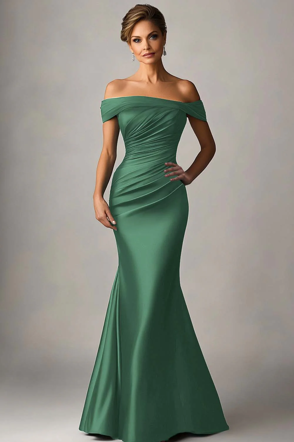 Peacock Blue Mermaid Off The Shoulder Ruched Satin Formal Dress - Image 9