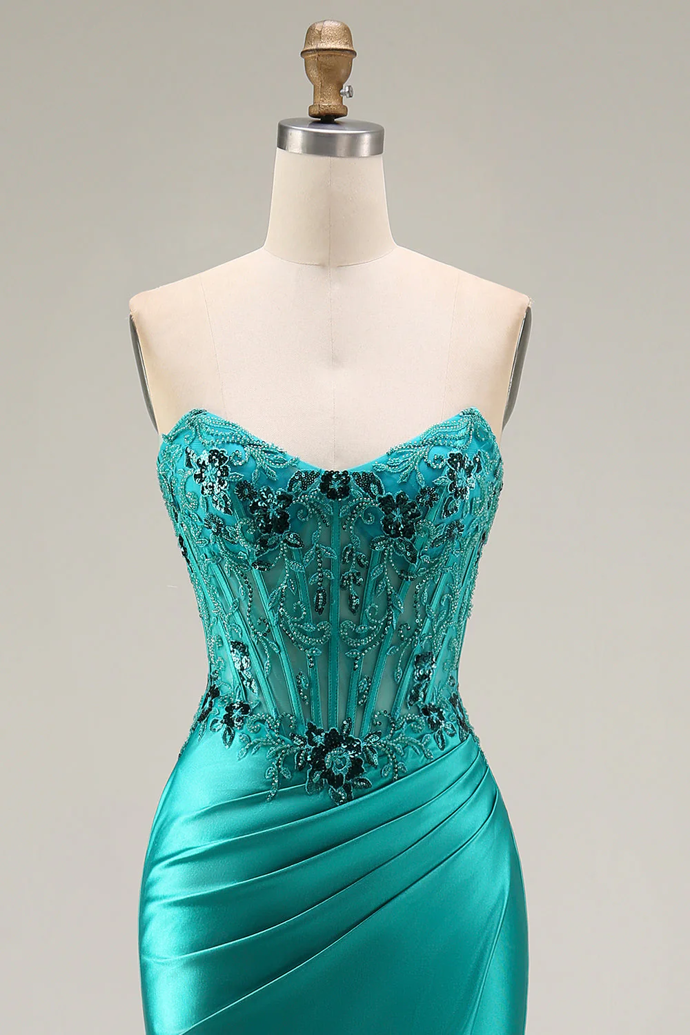 Peacock Mermaid Sweetheart Corset Ruched Beaded Long Prom Dress with Slit - Image 10