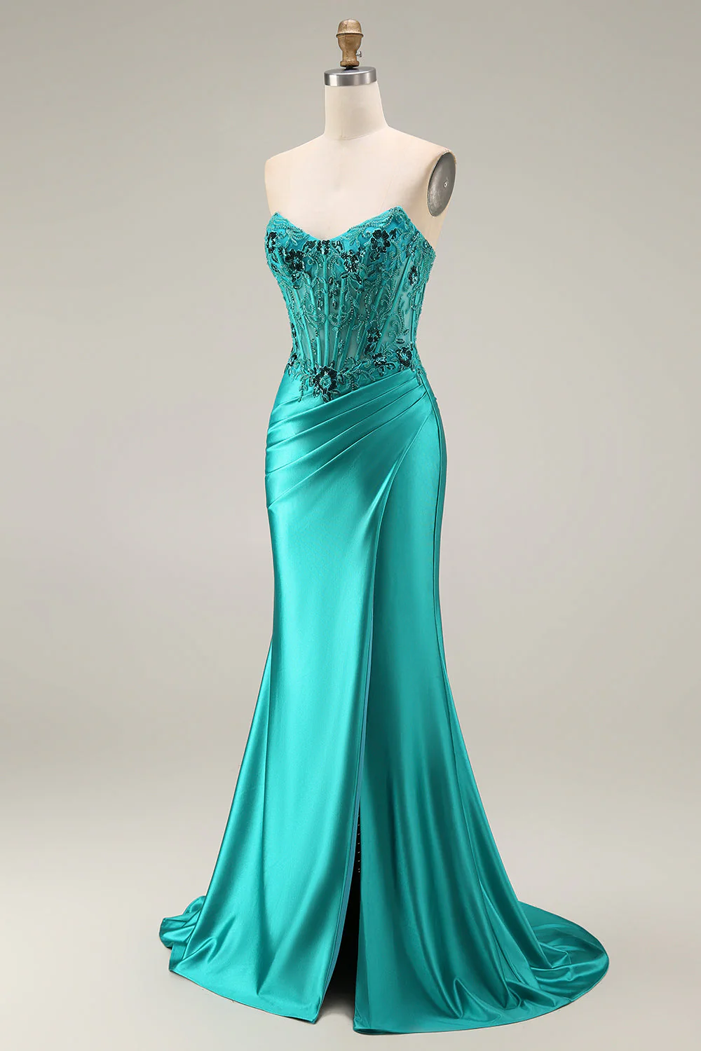 Peacock Mermaid Sweetheart Corset Ruched Beaded Long Prom Dress with Slit - Image 3
