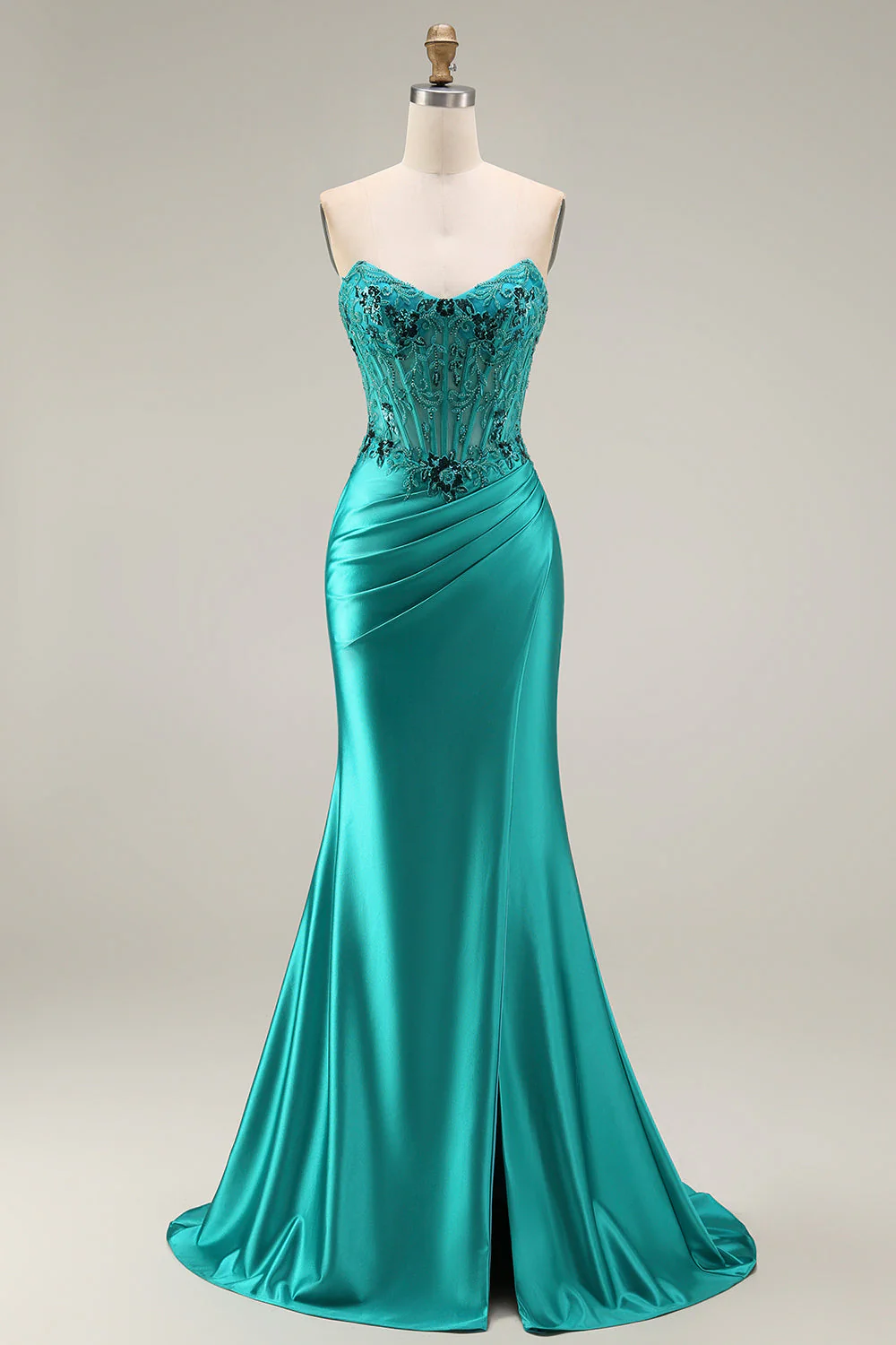 Peacock Mermaid Sweetheart Corset Ruched Beaded Long Prom Dress with Slit - Image 4