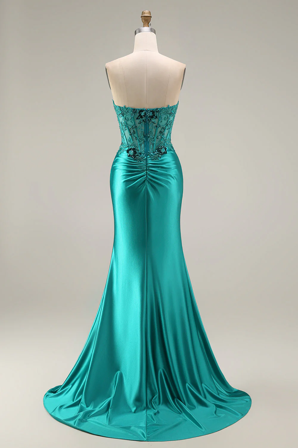Peacock Mermaid Sweetheart Corset Ruched Beaded Long Prom Dress with Slit - Image 5