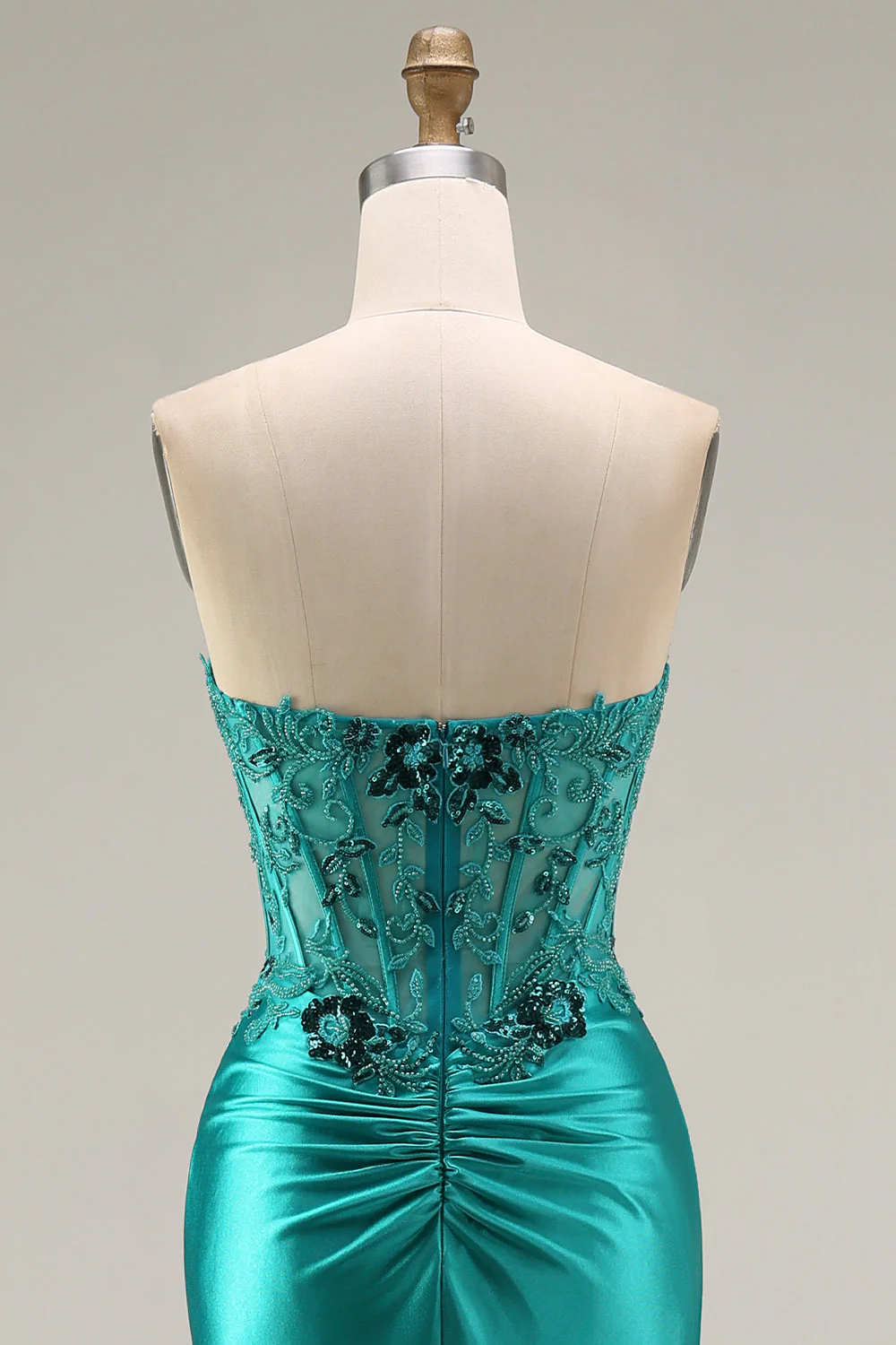 Peacock Mermaid Sweetheart Corset Ruched Beaded Long Prom Dress with Slit - Image 8
