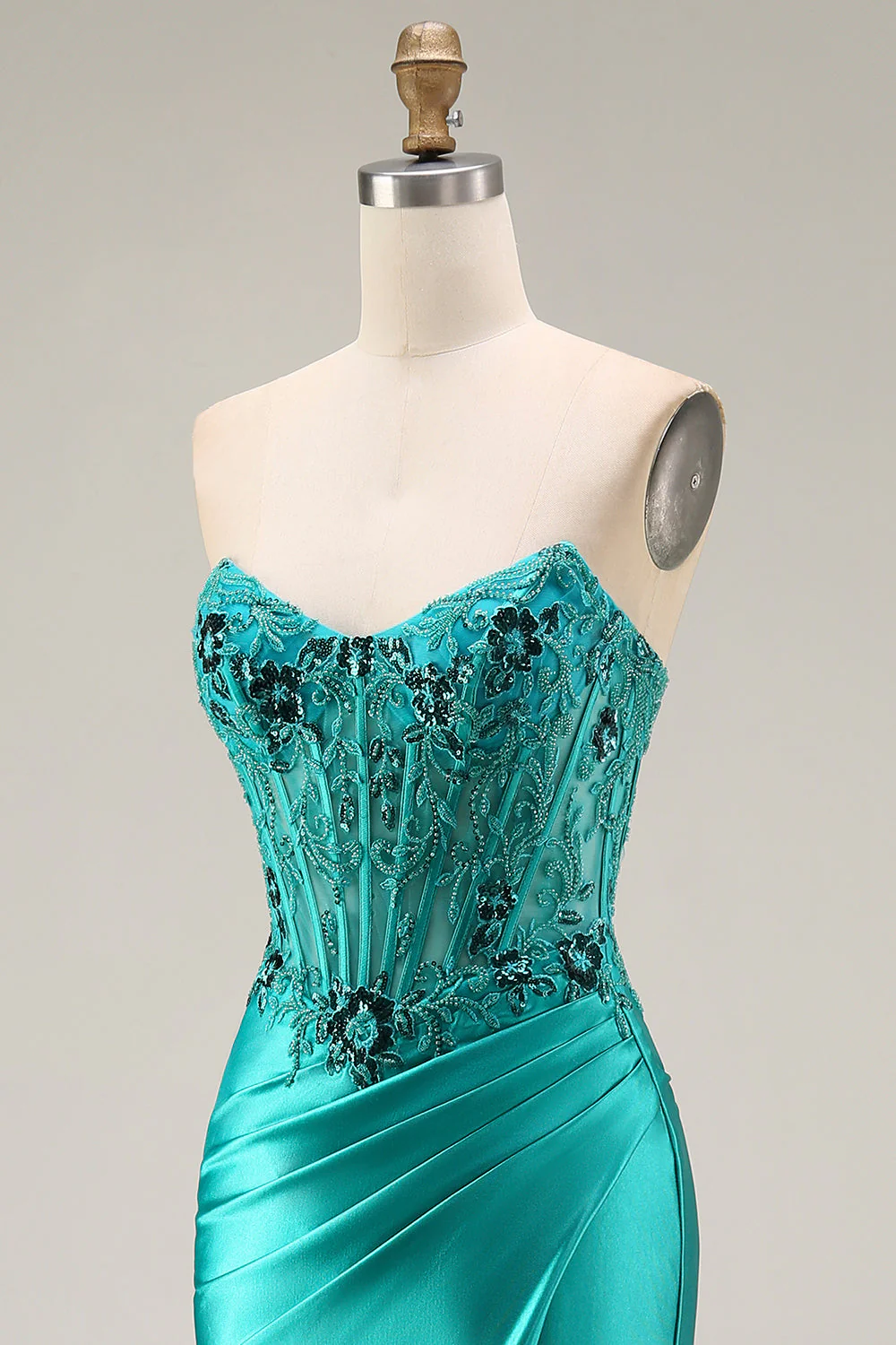 Peacock Mermaid Sweetheart Corset Ruched Beaded Long Prom Dress with Slit - Image 9