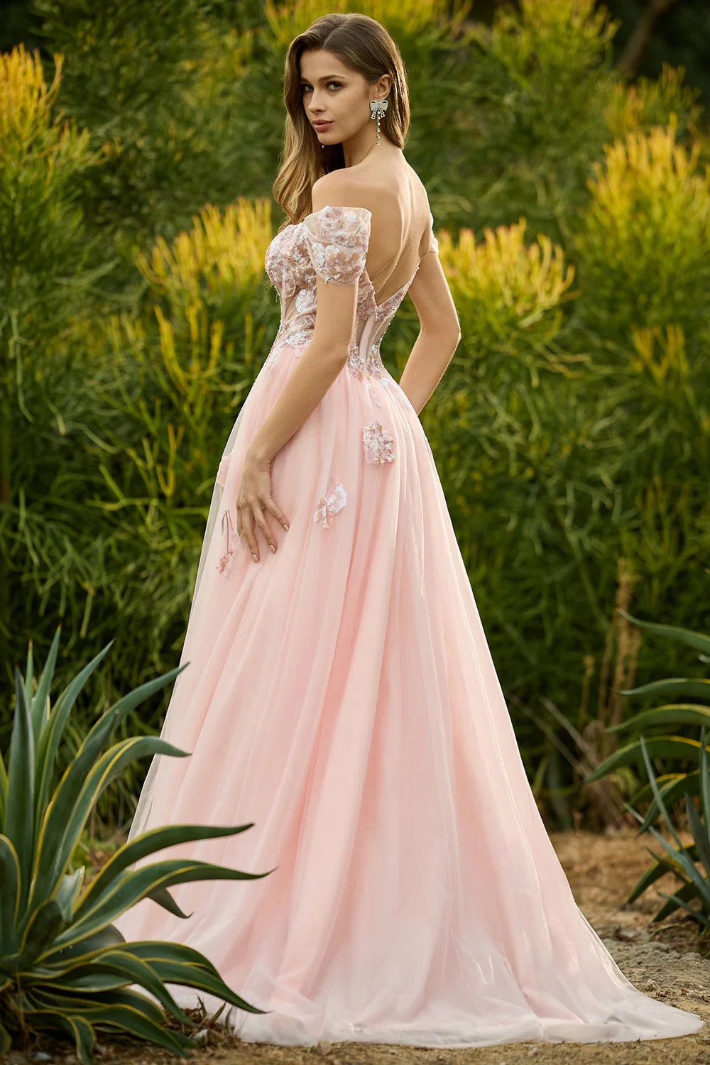 Pink A Line Beaded Off the Shoulder Sheer Corset Long Prom Dress with Sequins - Image 2