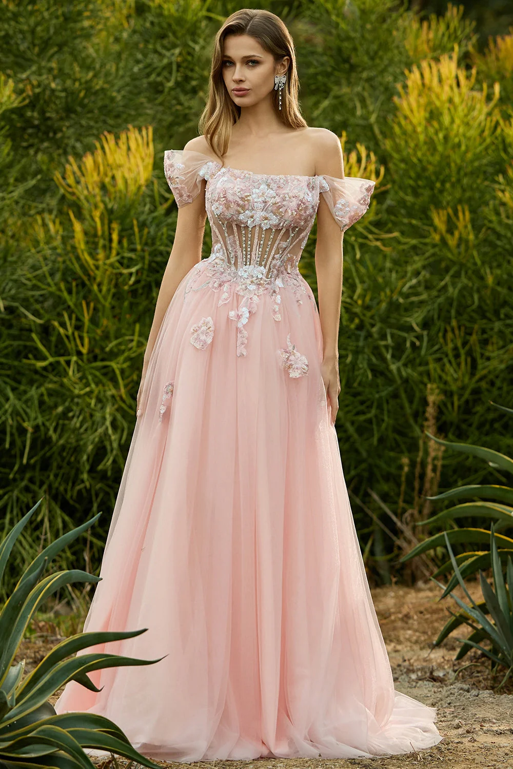 Pink A Line Beaded Off the Shoulder Sheer Corset Long Prom Dress with Sequins - Image 3