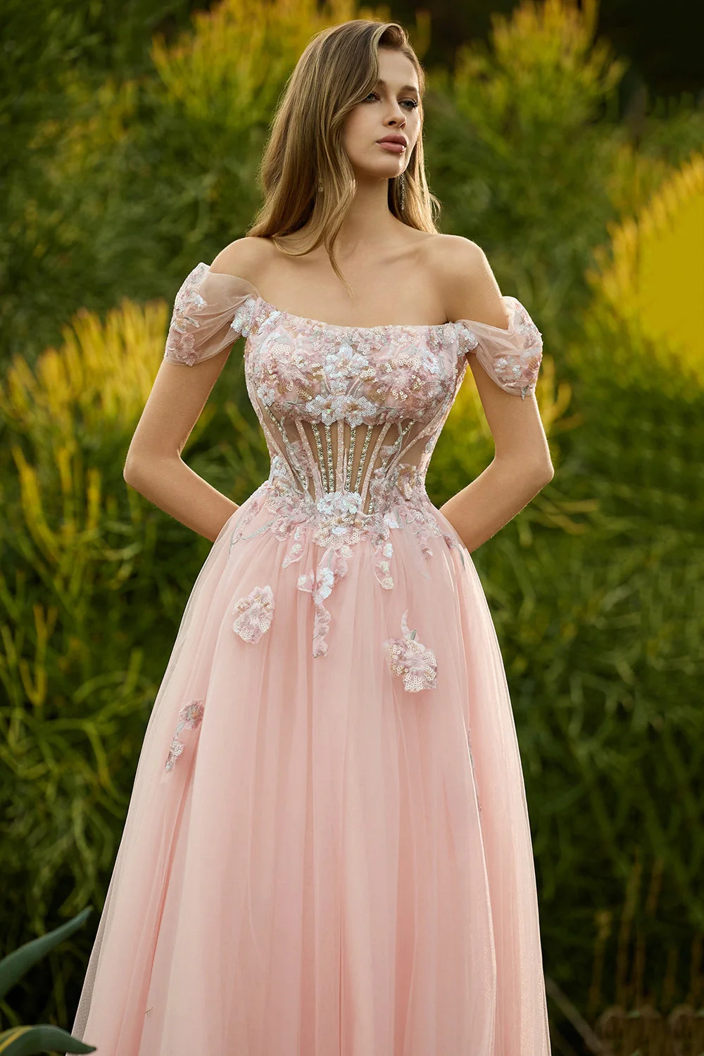 Pink A Line Beaded Off the Shoulder Sheer Corset Long Prom Dress with Sequins - Image 4