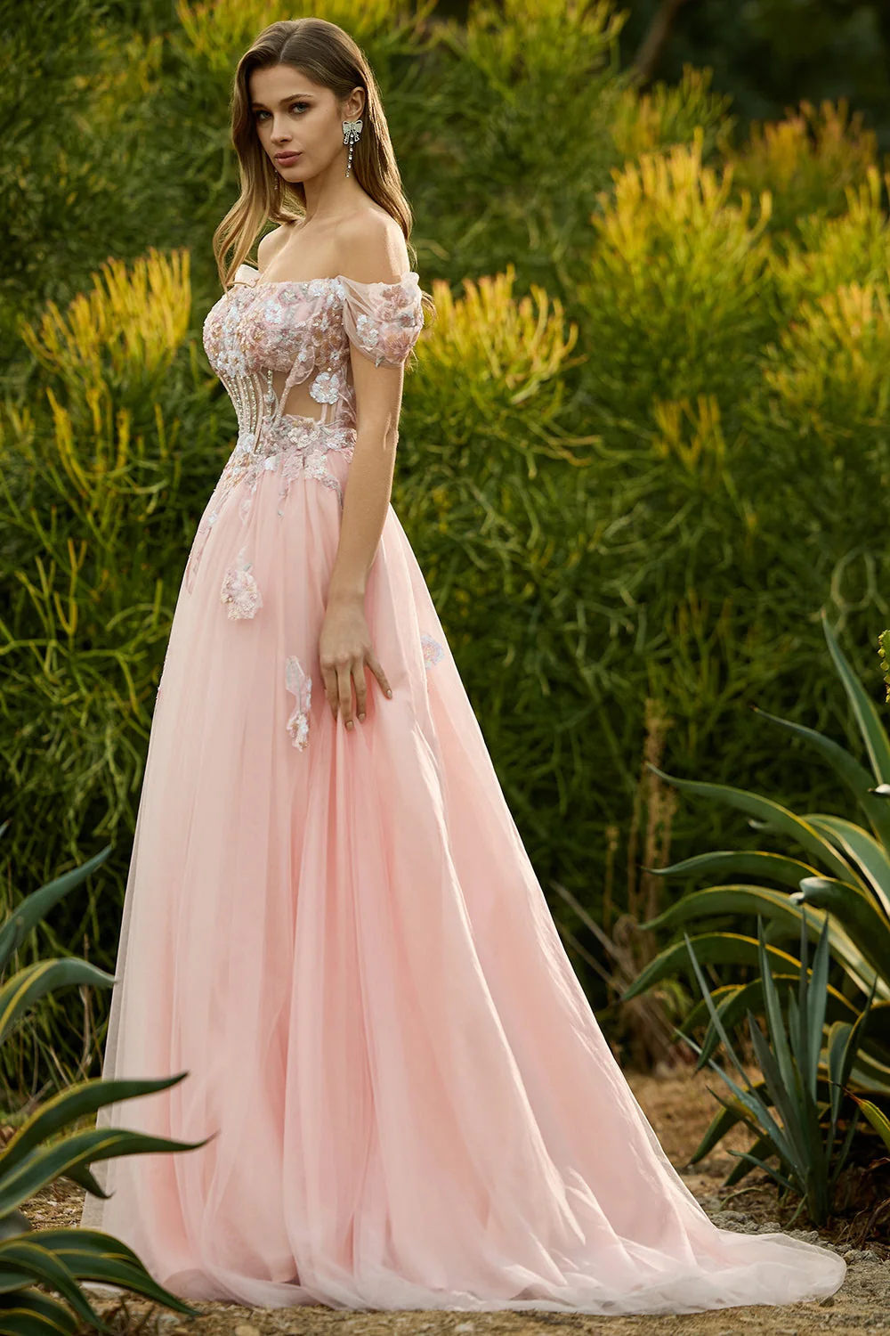 Pink A Line Beaded Off the Shoulder Sheer Corset Long Prom Dress with Sequins - Image 5