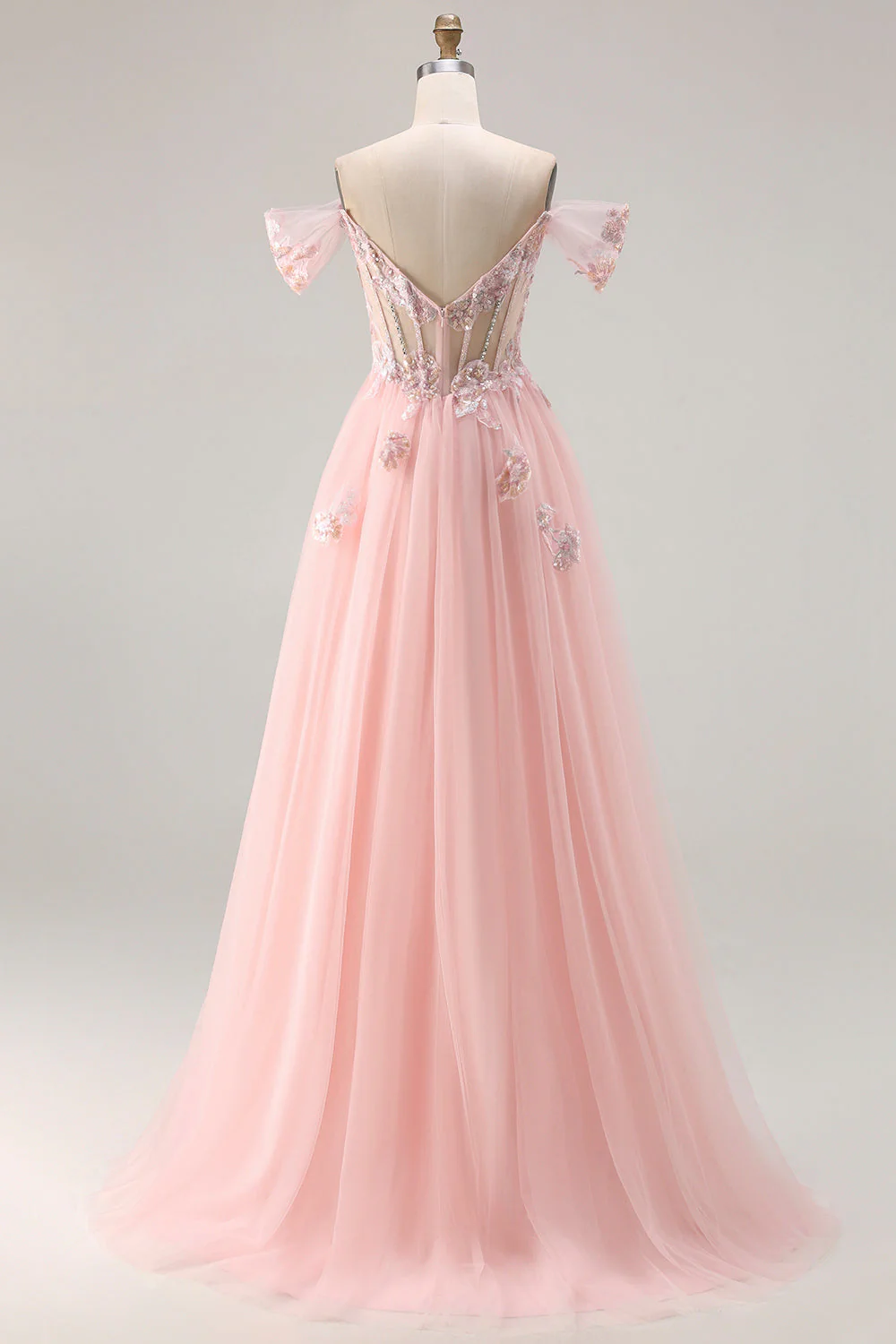 Pink A Line Off the Shoulder Beaded Sheer Corset Long Prom Dress with Sequins - Image 2