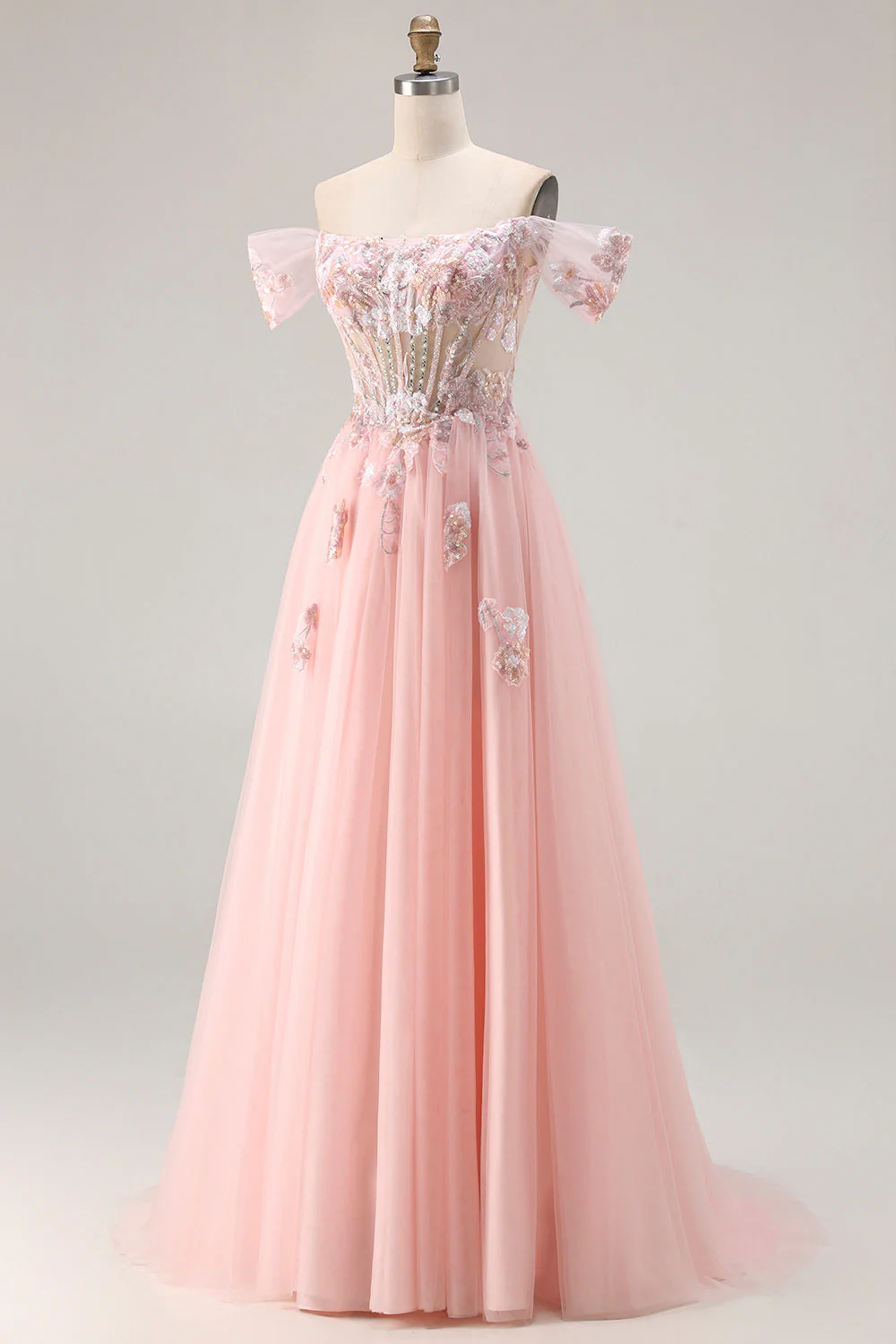 Pink A Line Off the Shoulder Beaded Sheer Corset Long Prom Dress with Sequins - Image 3