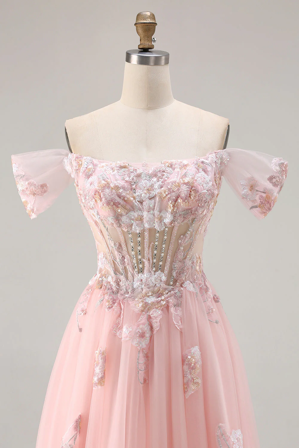 Pink A Line Off the Shoulder Beaded Sheer Corset Long Prom Dress with Sequins - Image 4